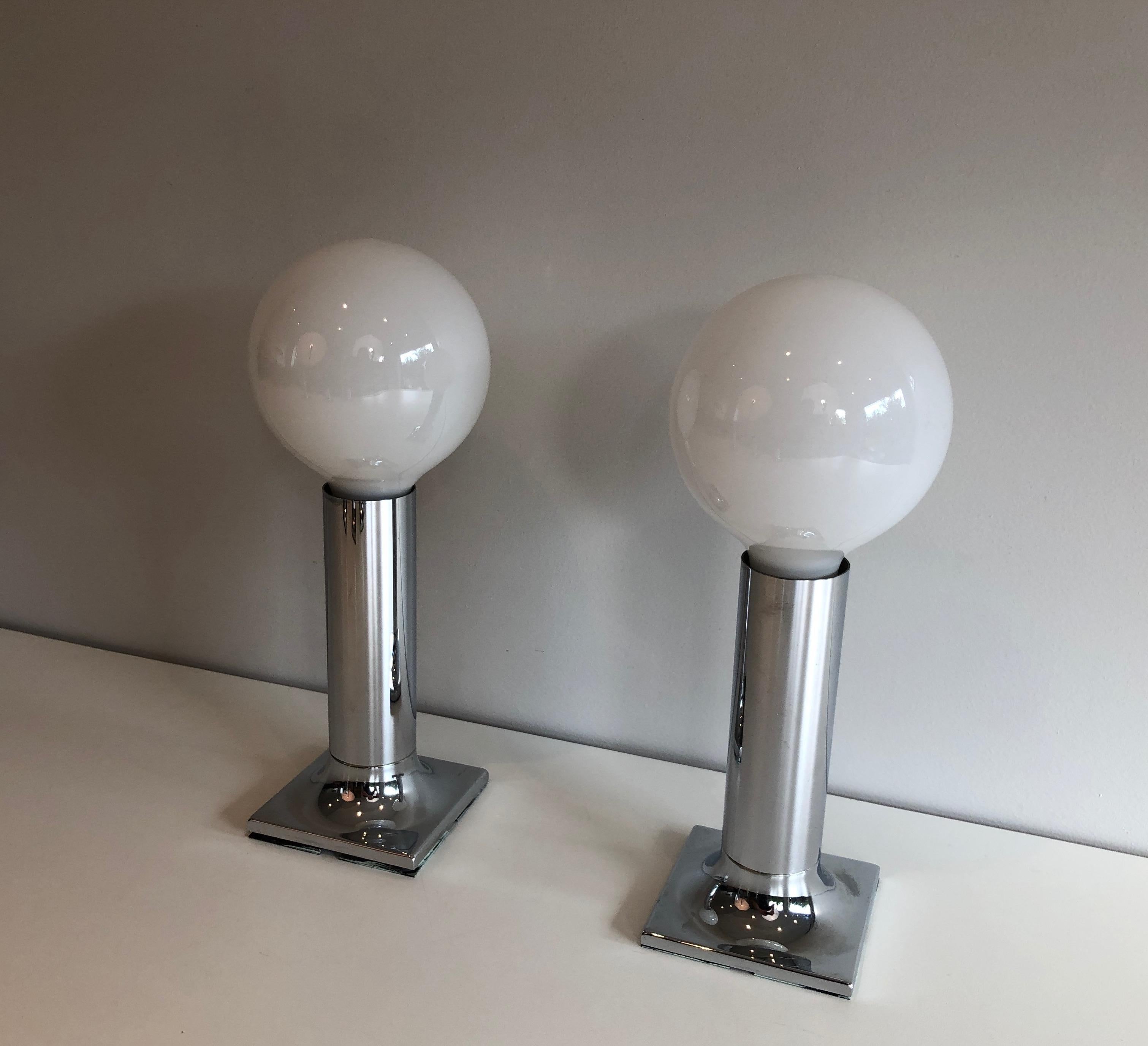 French Set of chrome and white opaline glass bowls wall lights or fixtures For Sale