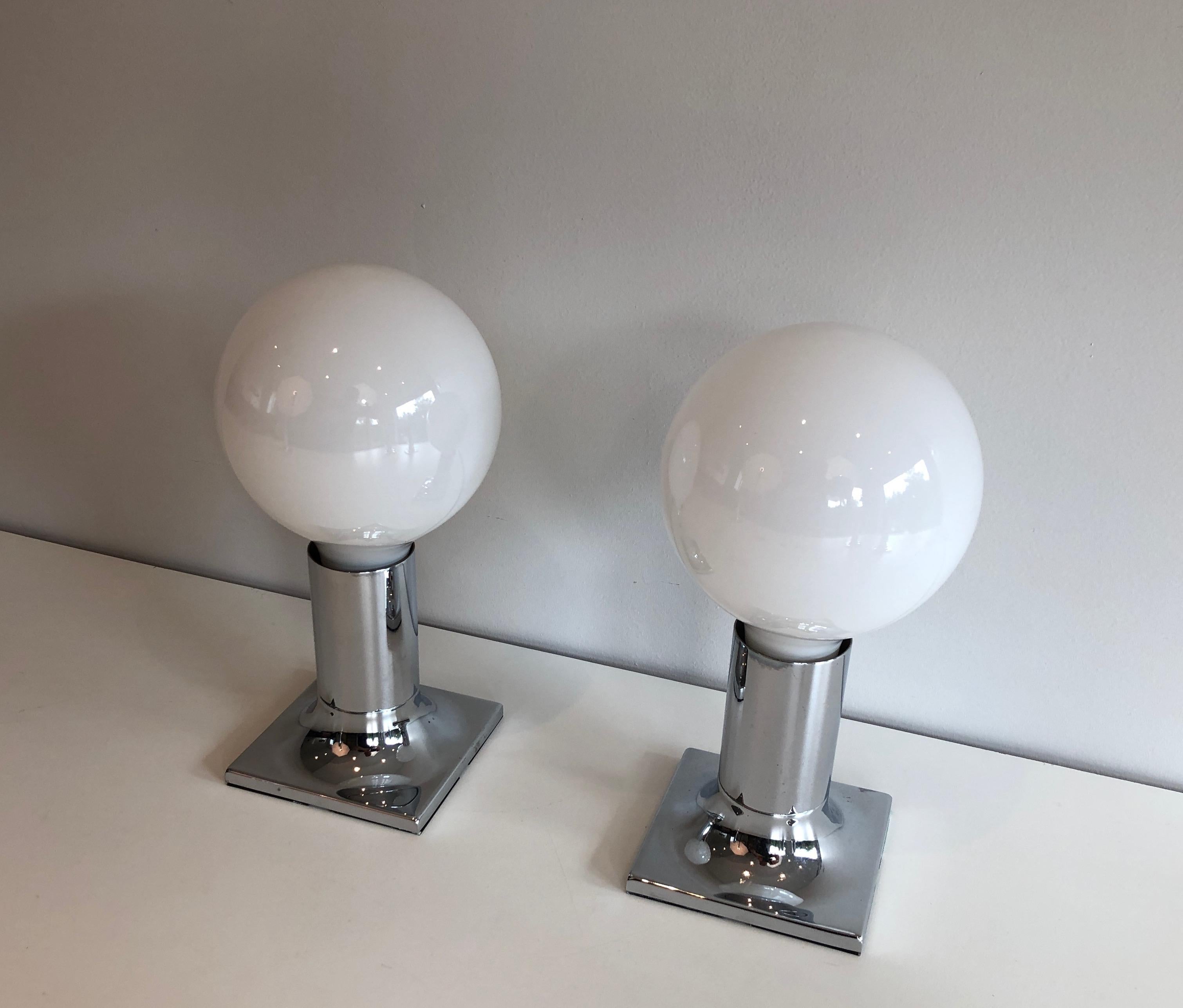 Late 20th Century Set of chrome and white opaline glass bowls wall lights or fixtures For Sale