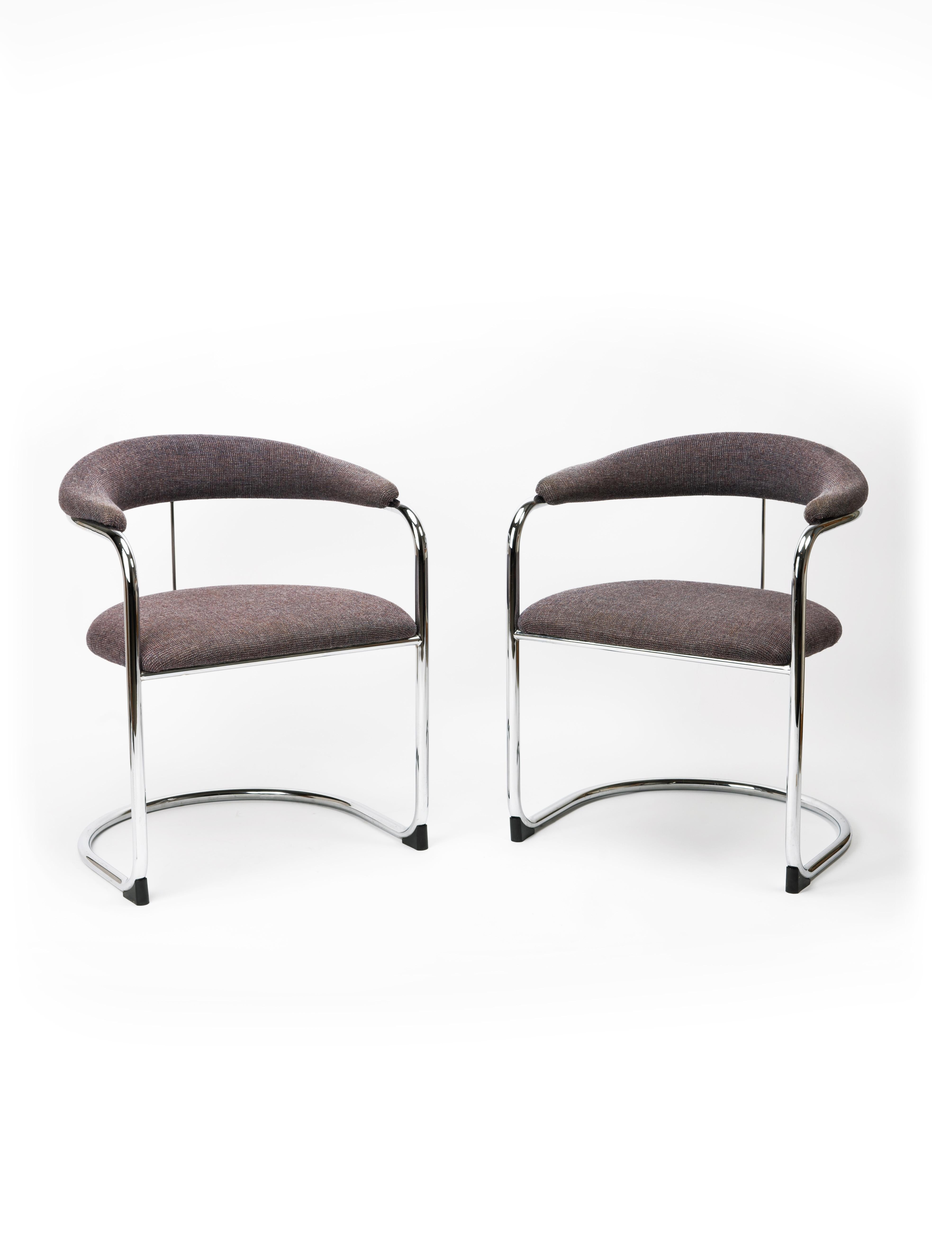 Excellent pair of classic Anton Lorenz Cantilever chairs, designed by Anton Lorenz in the 1930s and manufactured by Thonet in the 1980s. This is a great opportunity to purchase a matching set!

Featuring simple curved chrome plated frames, these