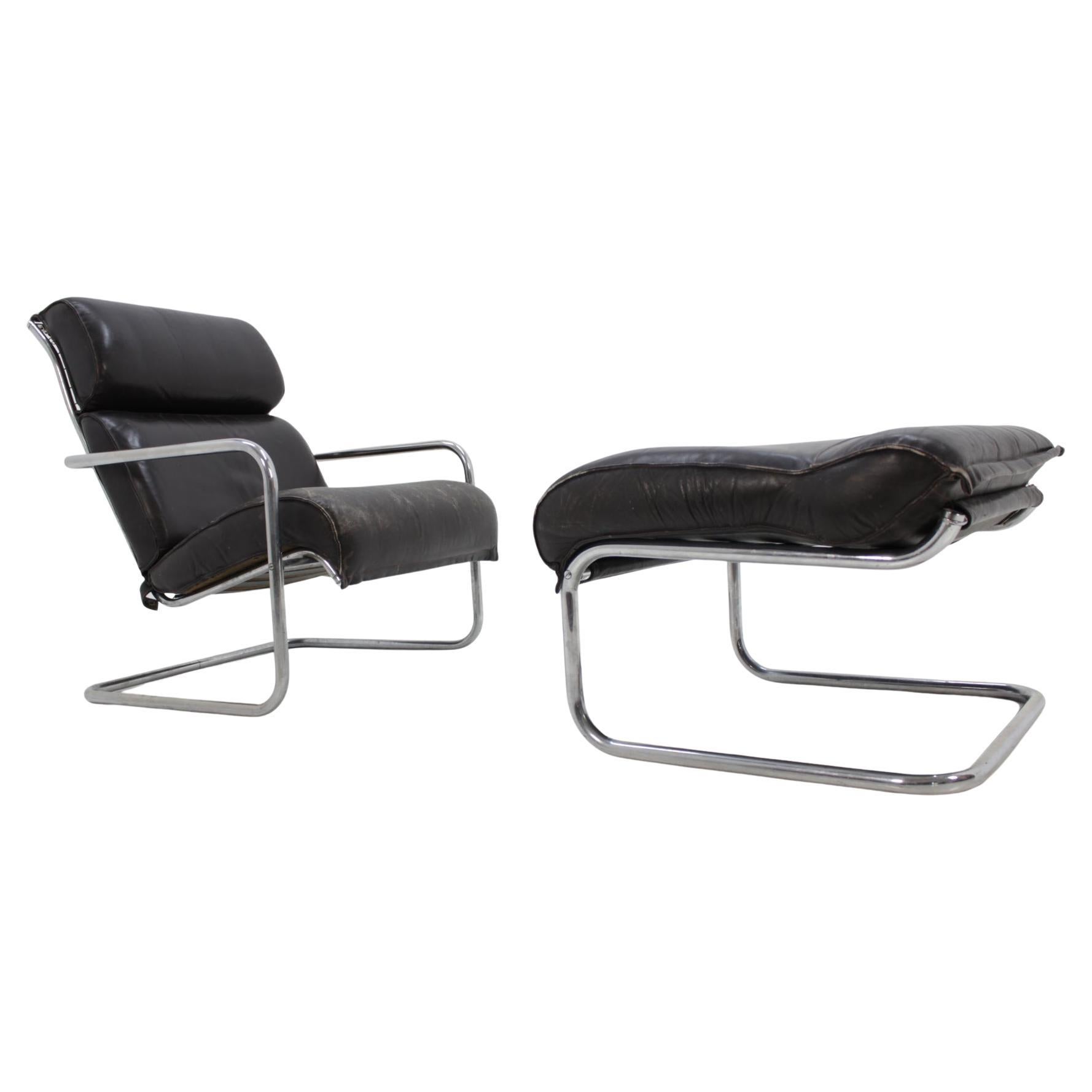 Set of chrome tubular Leather Design Lounge Chair and Footstool -1950s