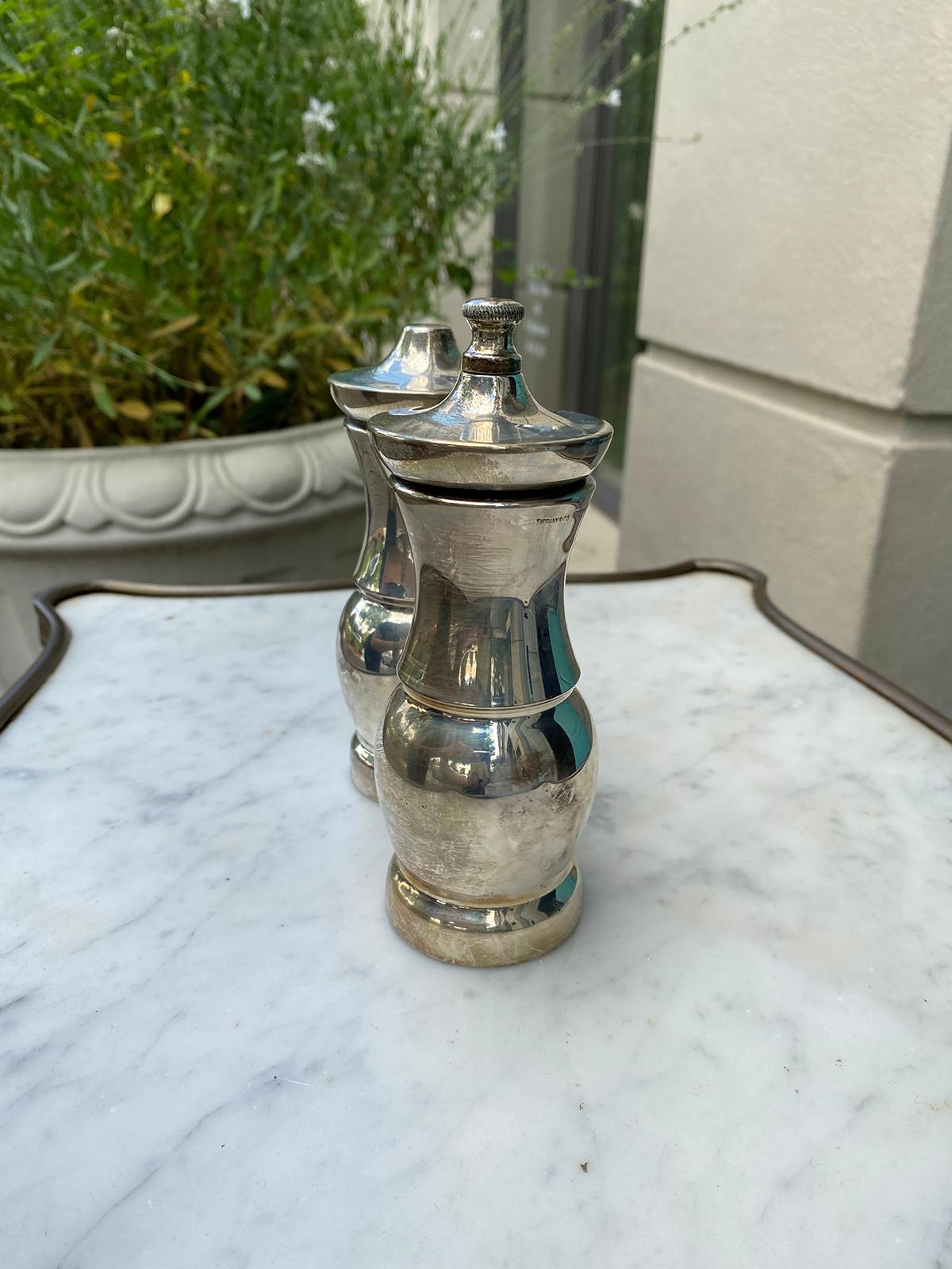 Mid-20th Century Set of Circa 1950s French Borel Co.Silvered Salt Shaker & Pepper Grinder, Marked For Sale