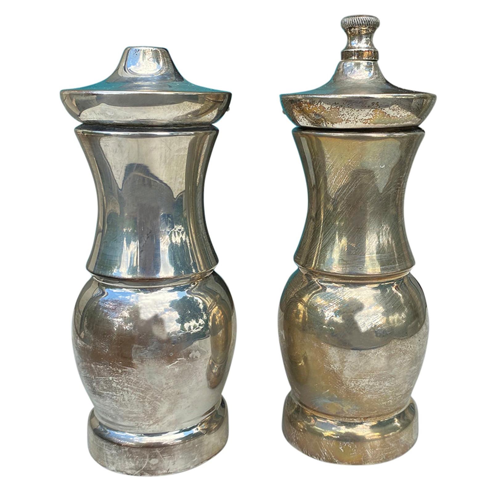 Set of Circa 1950s French Borel Co.Silvered Salt Shaker & Pepper Grinder, Marked For Sale