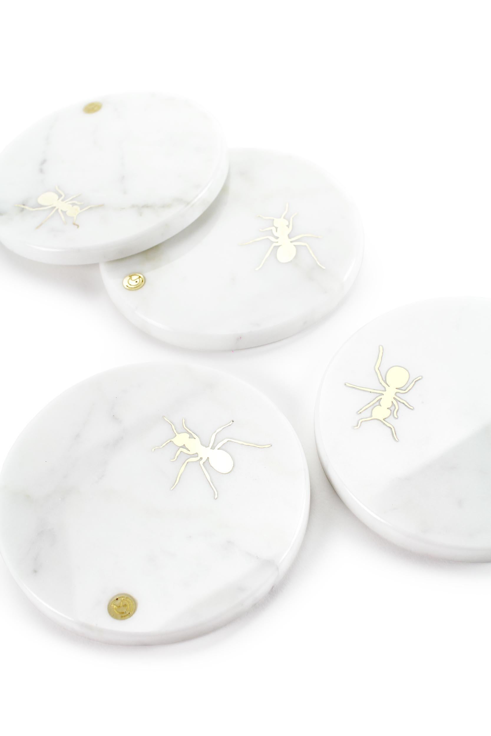 Carved Coasters Barware Cocktail White Carrara Marble Brass Inlay Ants Collectible For Sale