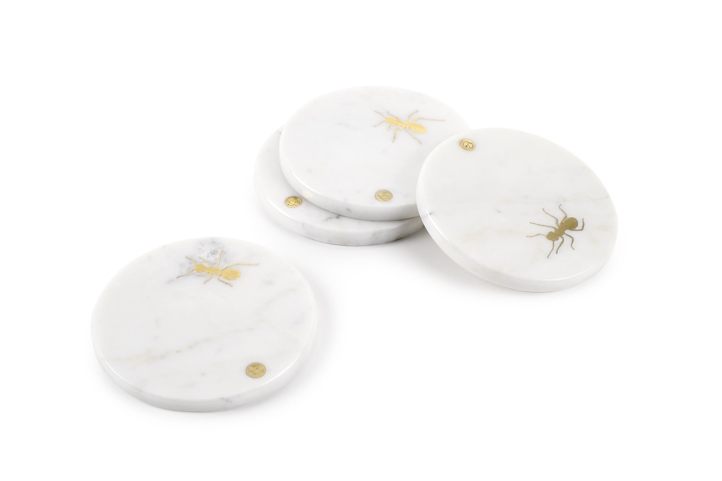 Coasters Barware Cocktail White Carrara Marble Brass Inlay Ants Collectible In New Condition For Sale In Ancona, Marche