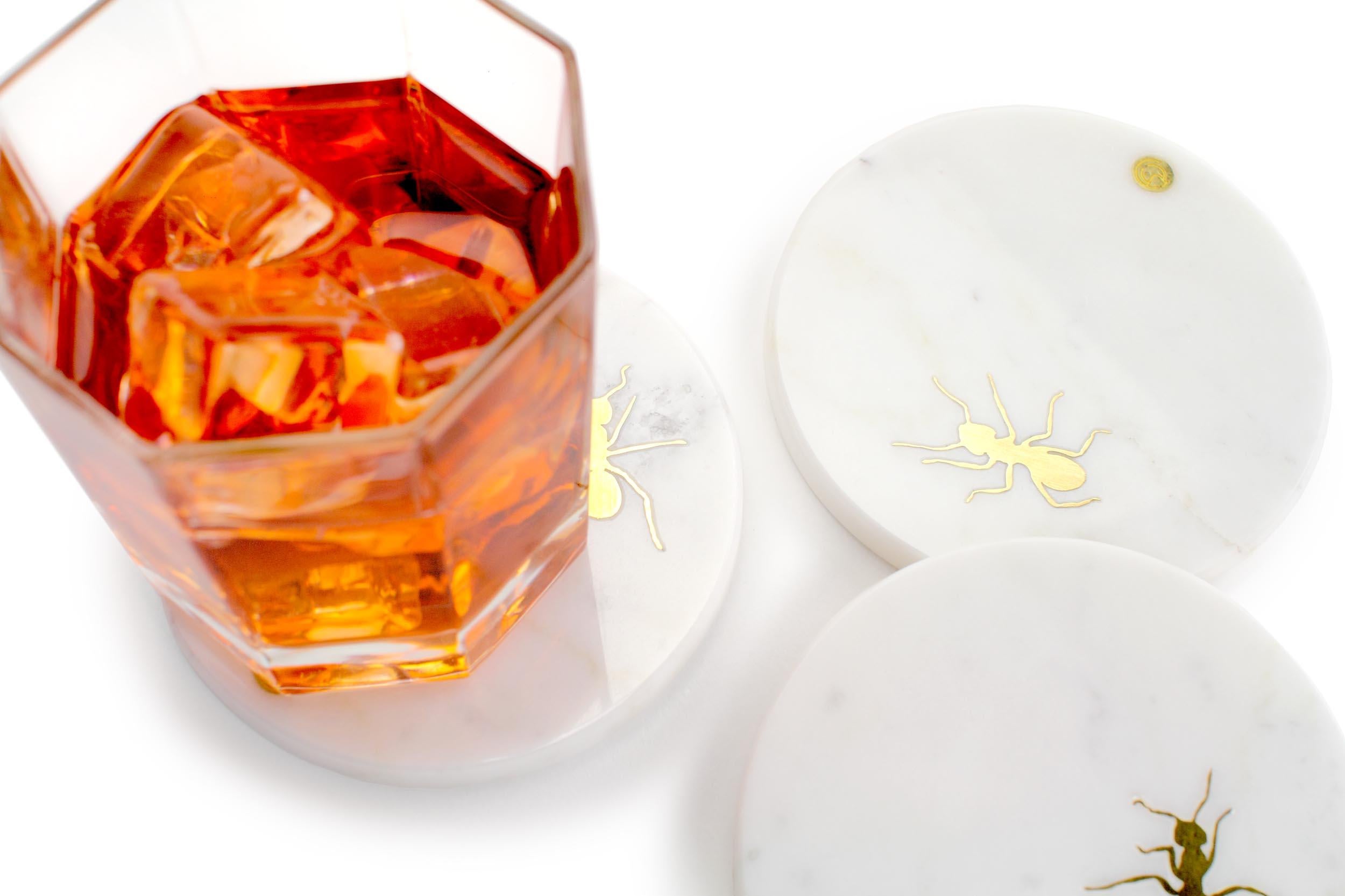 Modern Coasters Barware Cocktail White Carrara Marble Brass Inlay Ants Collectible For Sale