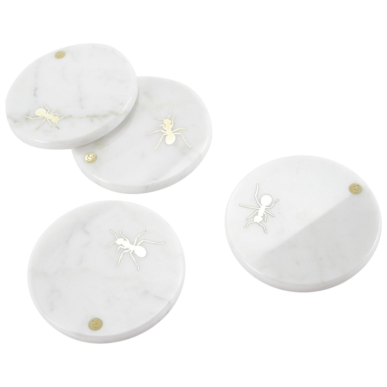 Coasters Barware Cocktail White Carrara Marble Brass Inlay Ants Collectible For Sale