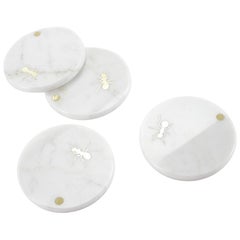 Coasters Barware Cocktail White Carrara Marble Brass Inlay Ants Collectible