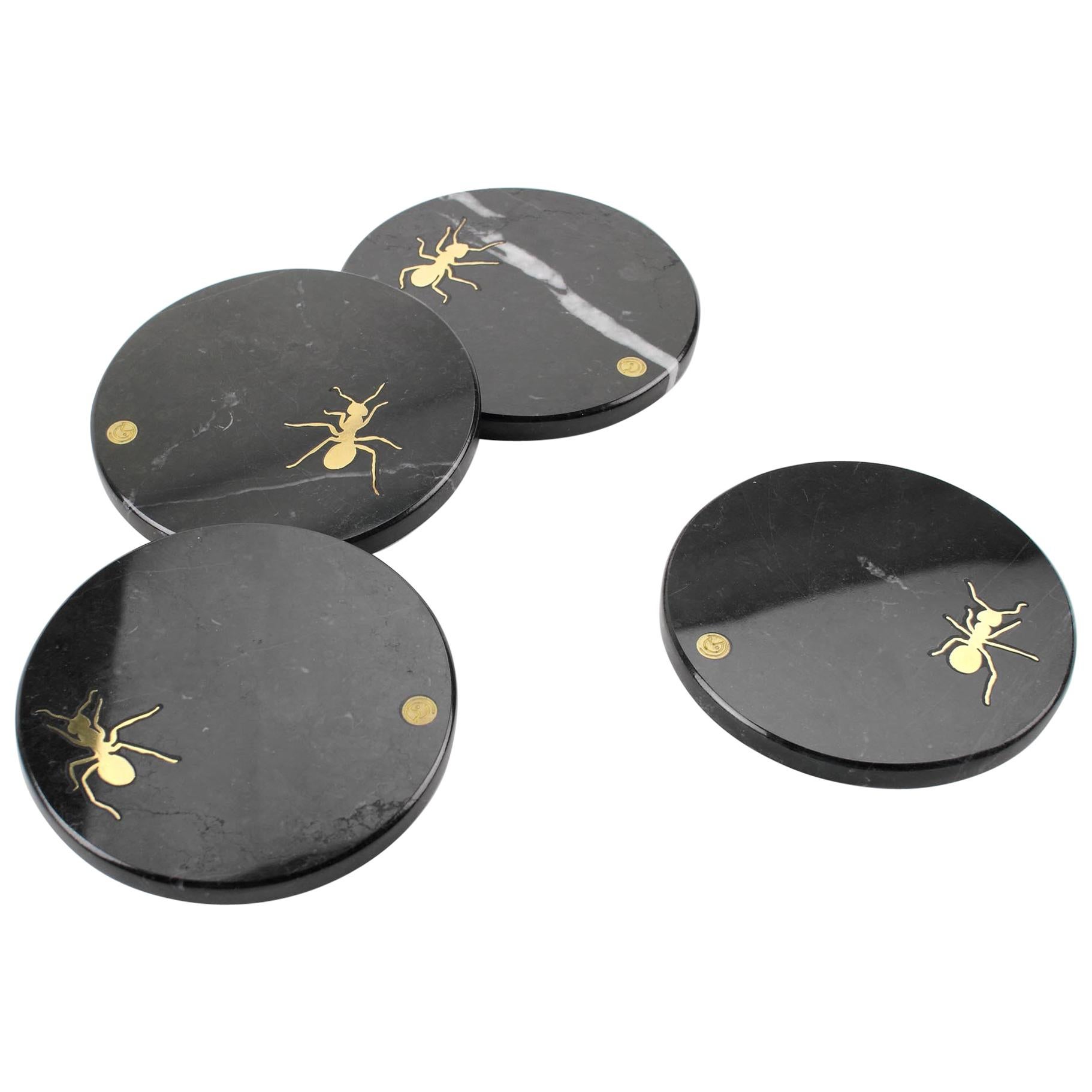 Coasters Cocktail Barware Black Marquina Marble Ants Brass Inlay Collectible  For Sale