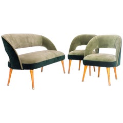 Set of Club Chairs and Settee in Pau Marfim and Velvet, Brazil, Early 1950s