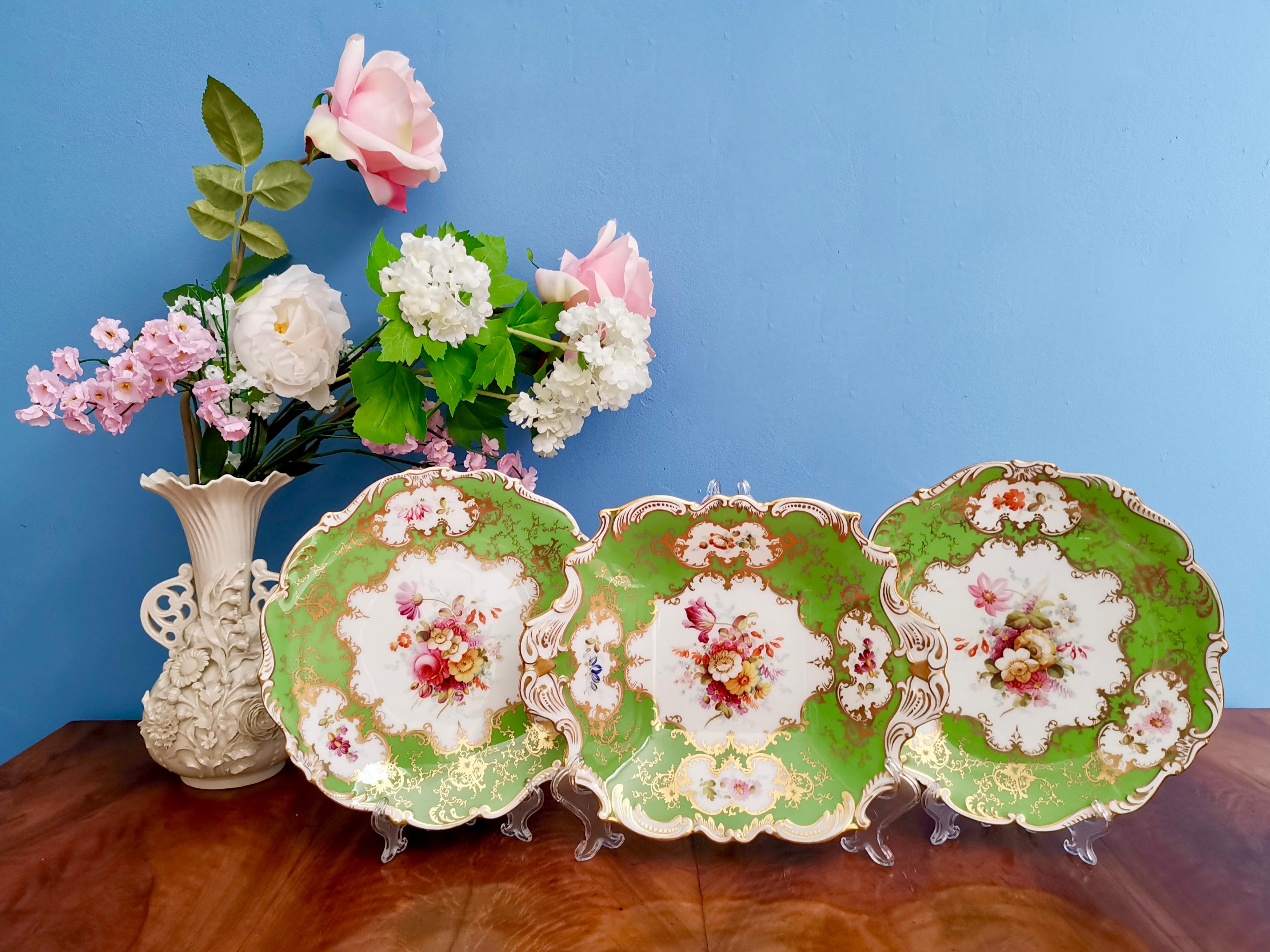 This is a very stunning set of two dessert plates and a serving dish made by Coalport some time between 1891 and 1921. The plates are painted with beautiful flowers by the famous painter F. Howard.

Coalport was one of the leading potters in 19th