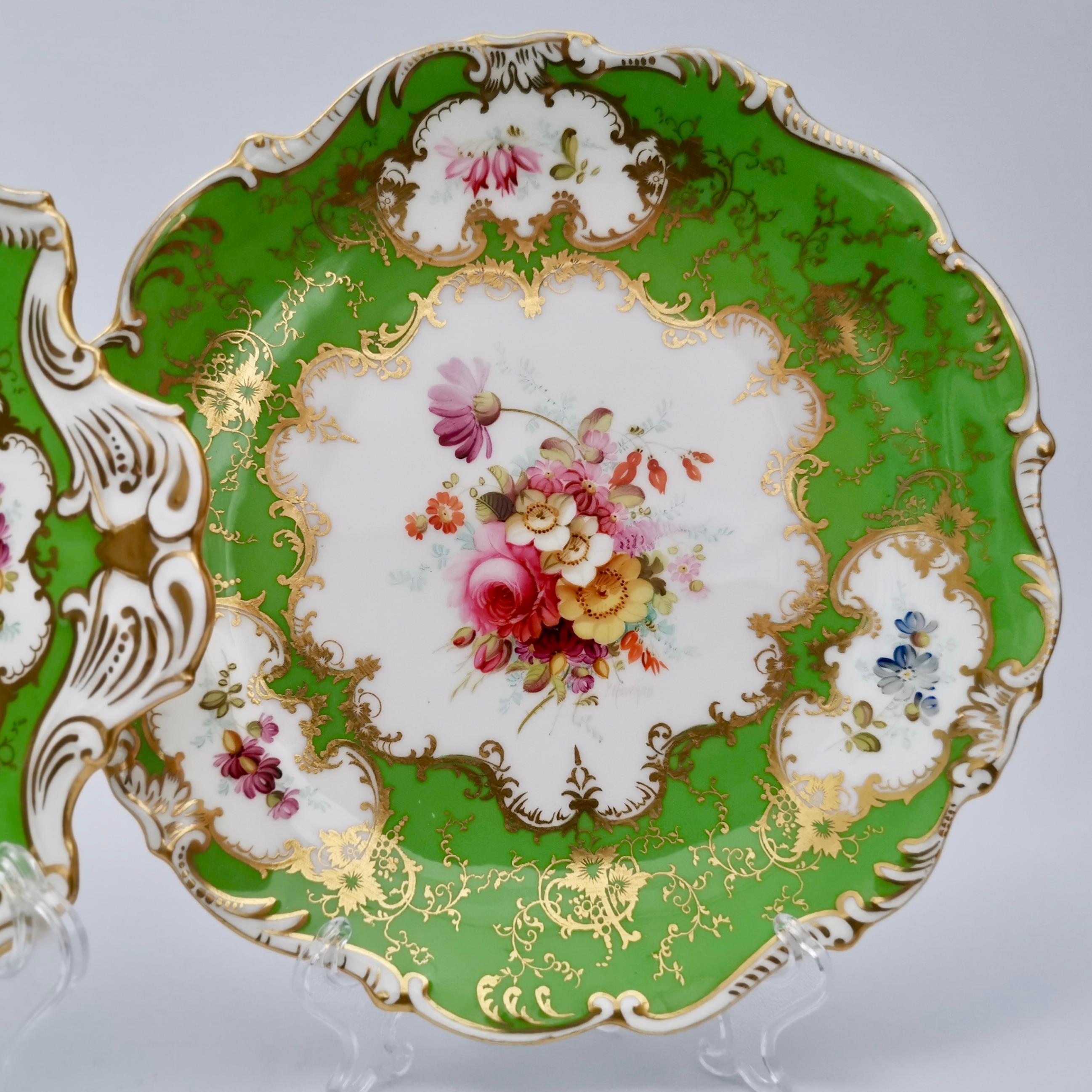 English Set of Coalport Plates, Apple Green with Flowers by F. Howard, 1900-1920