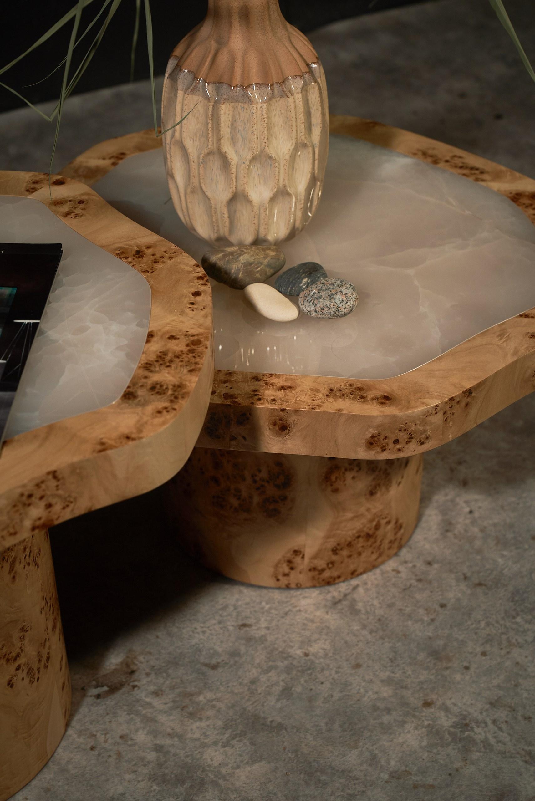 Ensemble de tables basses en placage de ronce de peuplier et onyx poli en vente 2