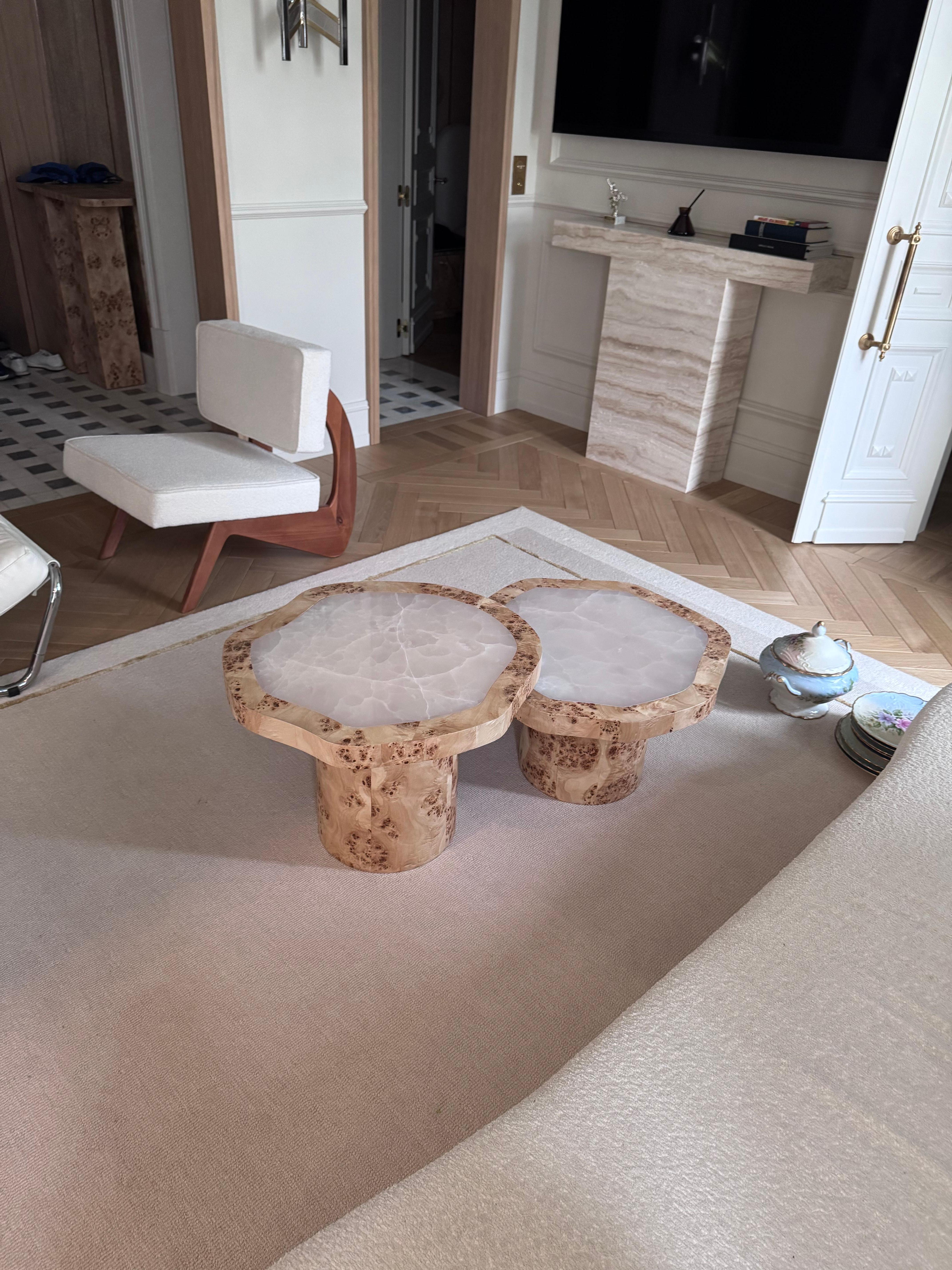 Ensemble de tables basses en placage de ronce de peuplier et onyx poli en vente 6