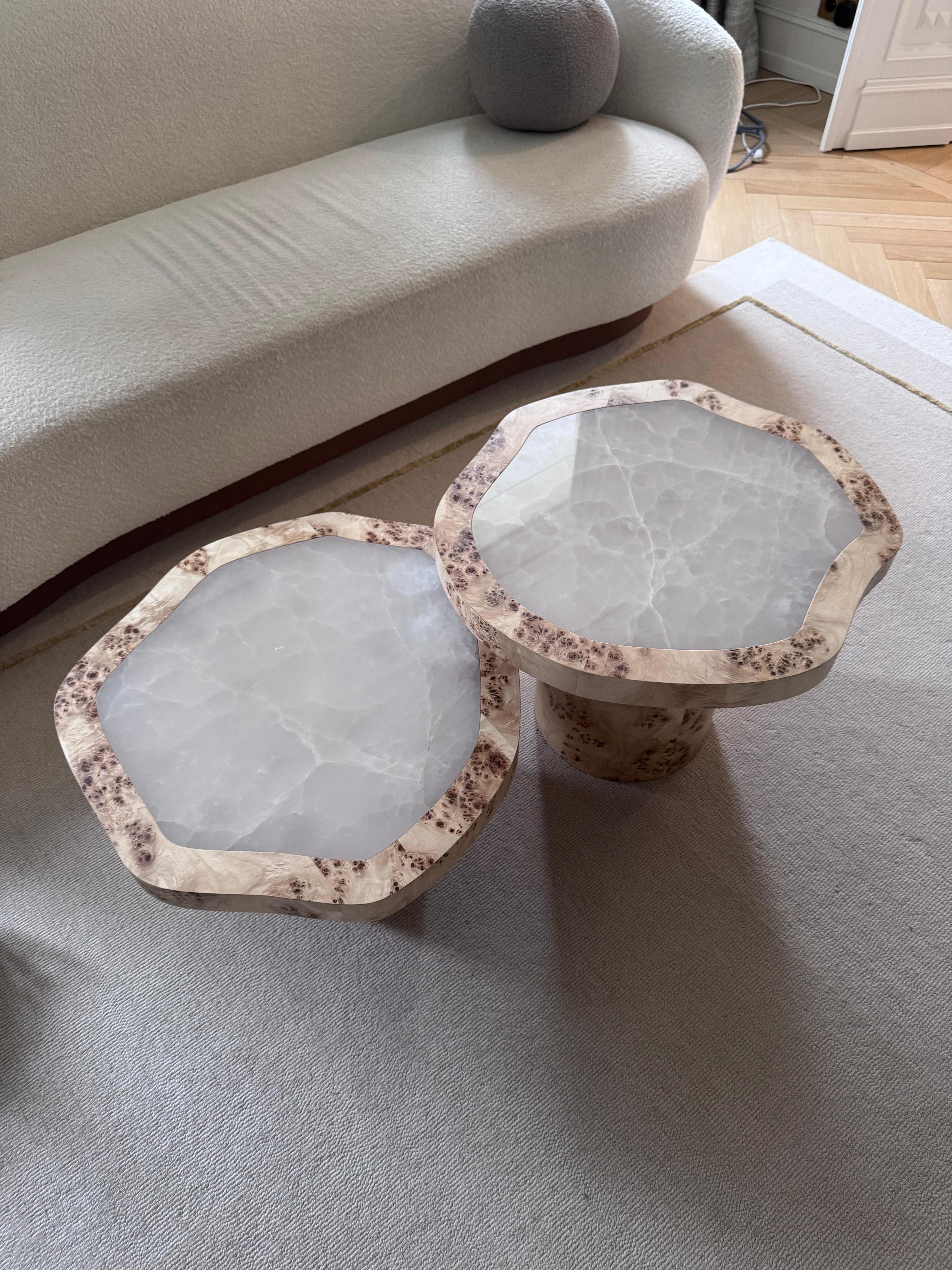 Ensemble de tables basses en placage de ronce de peuplier et onyx poli en vente 7