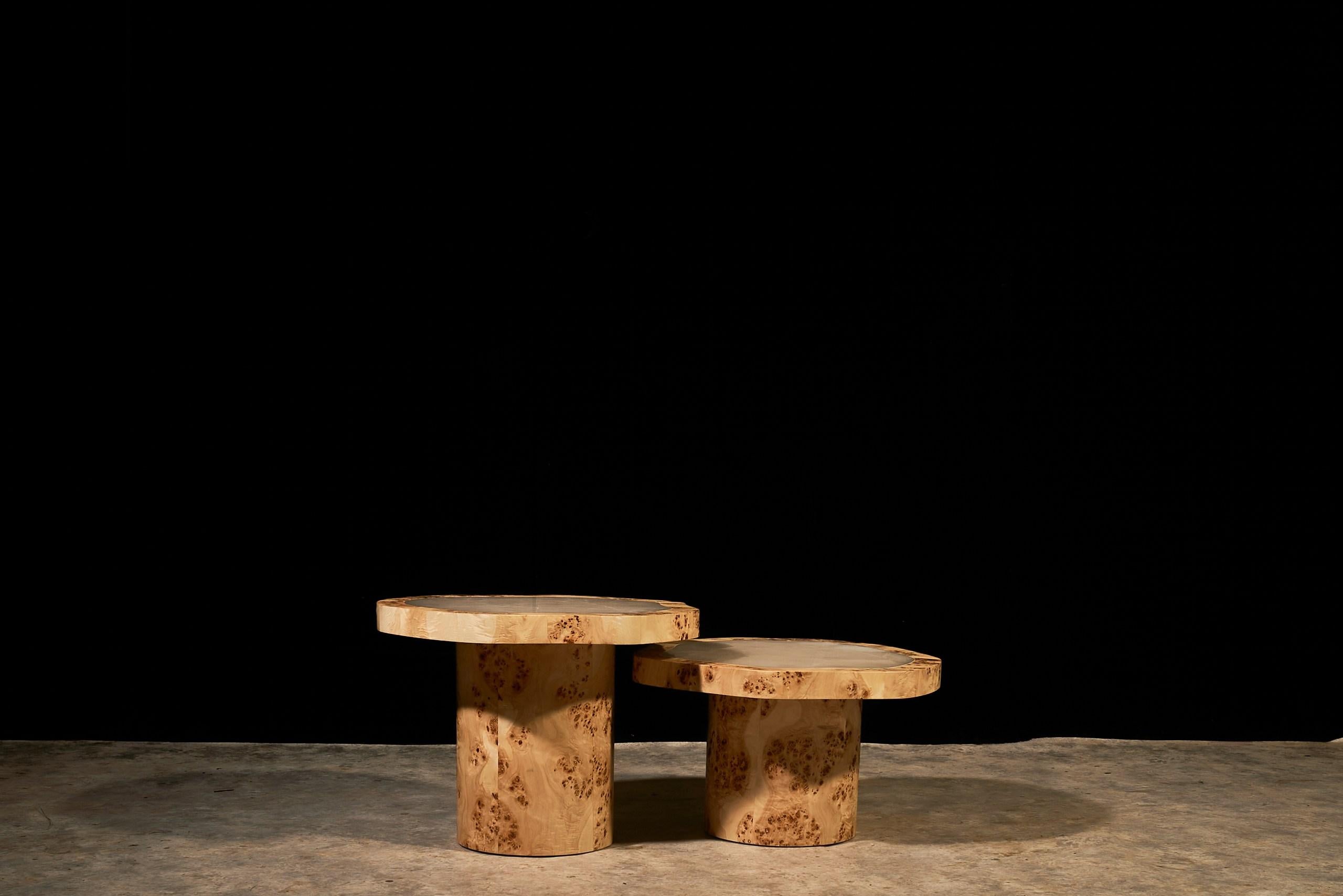 Onyx Ensemble de tables basses en placage de ronce de peuplier et onyx poli en vente