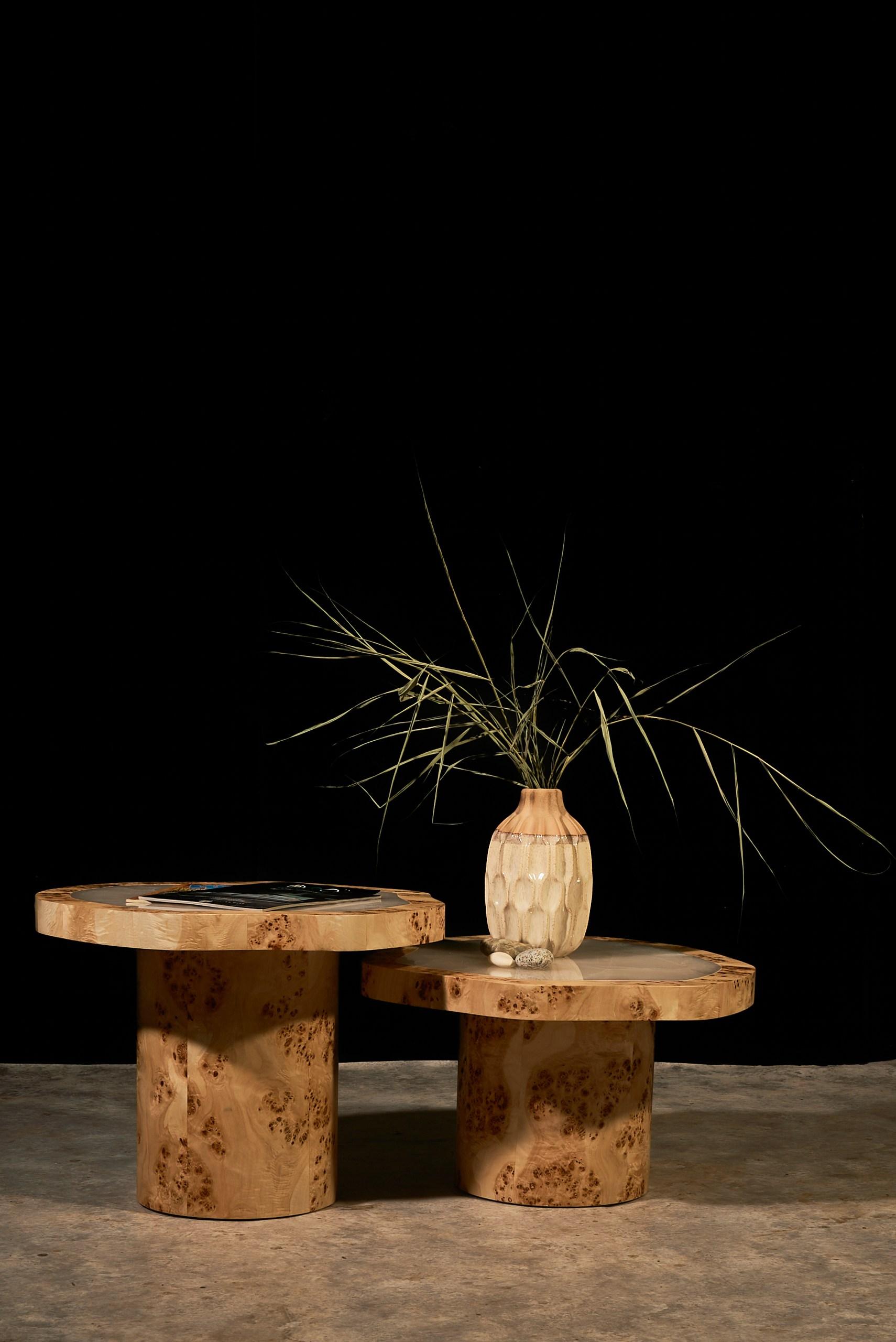 Ensemble de tables basses en placage de ronce de peuplier et onyx poli en vente 1