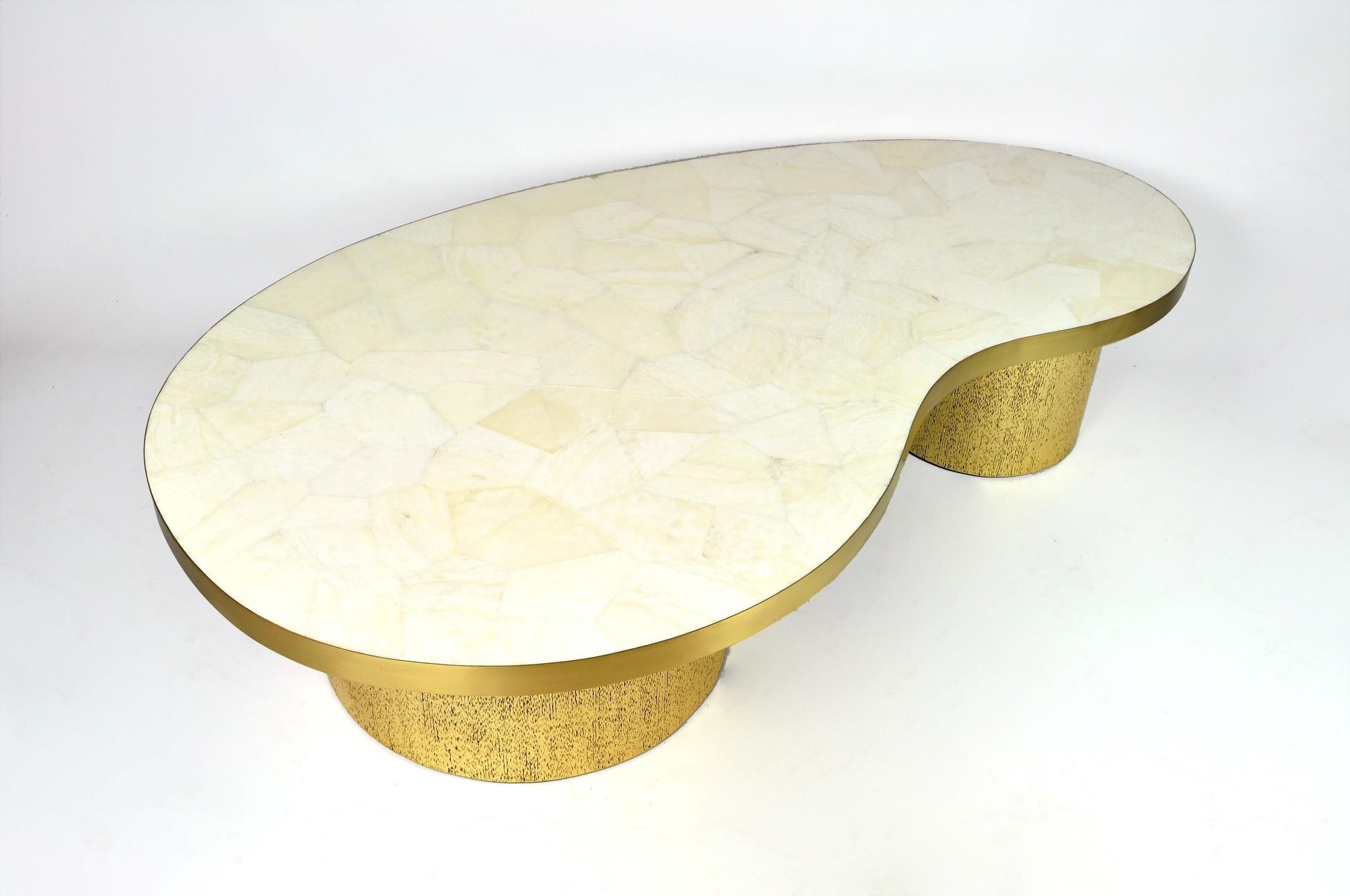 French Set of Coffee Tables in Rock Crystal and Gold Fiber Marquetry by Ginger Brown For Sale