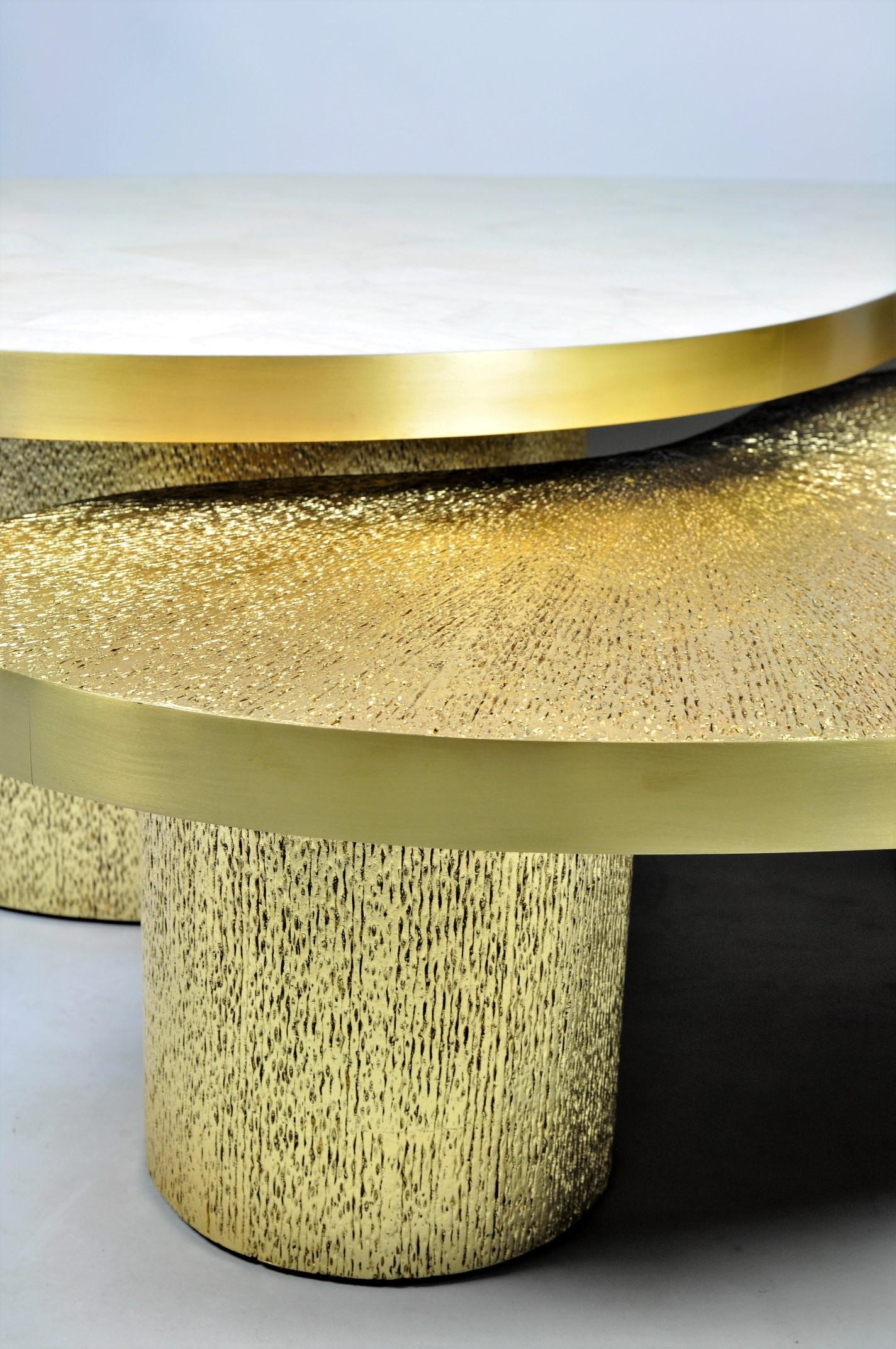 Contemporary Set of Coffee Tables in Rock Crystal and Gold Fiber Marquetry by Ginger Brown For Sale
