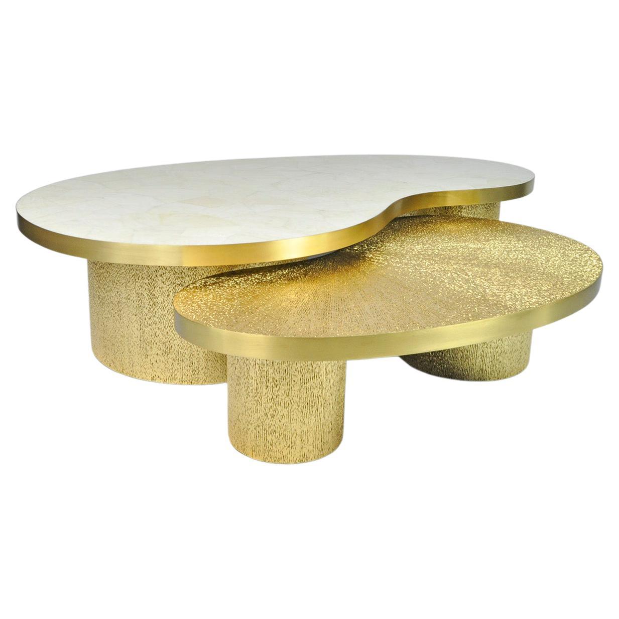 Set of Coffee Tables in Rock Crystal and Gold Fiber Marquetry by Ginger Brown