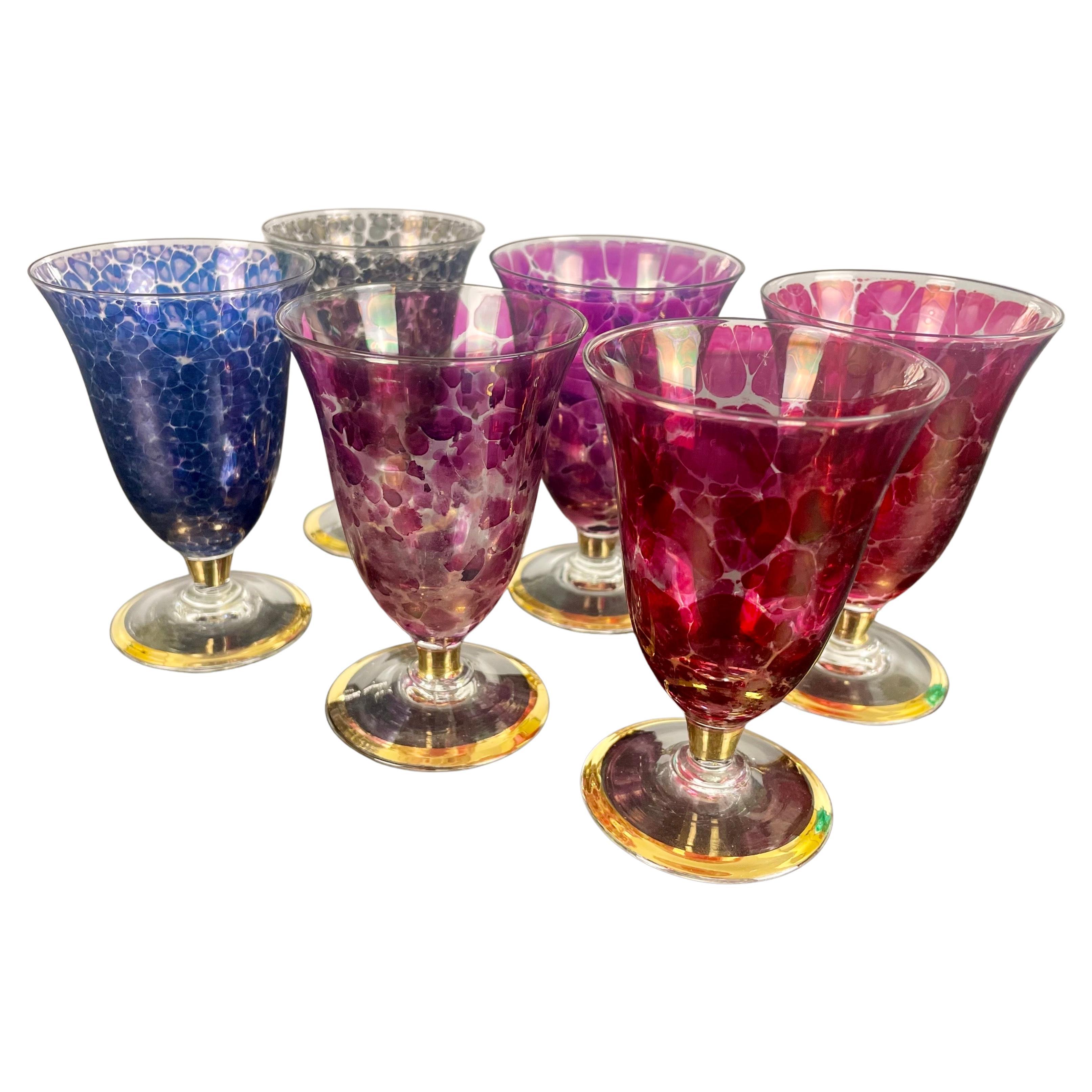 set of colored stemmed glasses speckled blown glass - 1930´s Art Deco - France For Sale