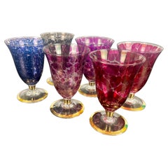 Retro set of colored stemmed glasses speckled blown glass - 1930´s Art Deco - France