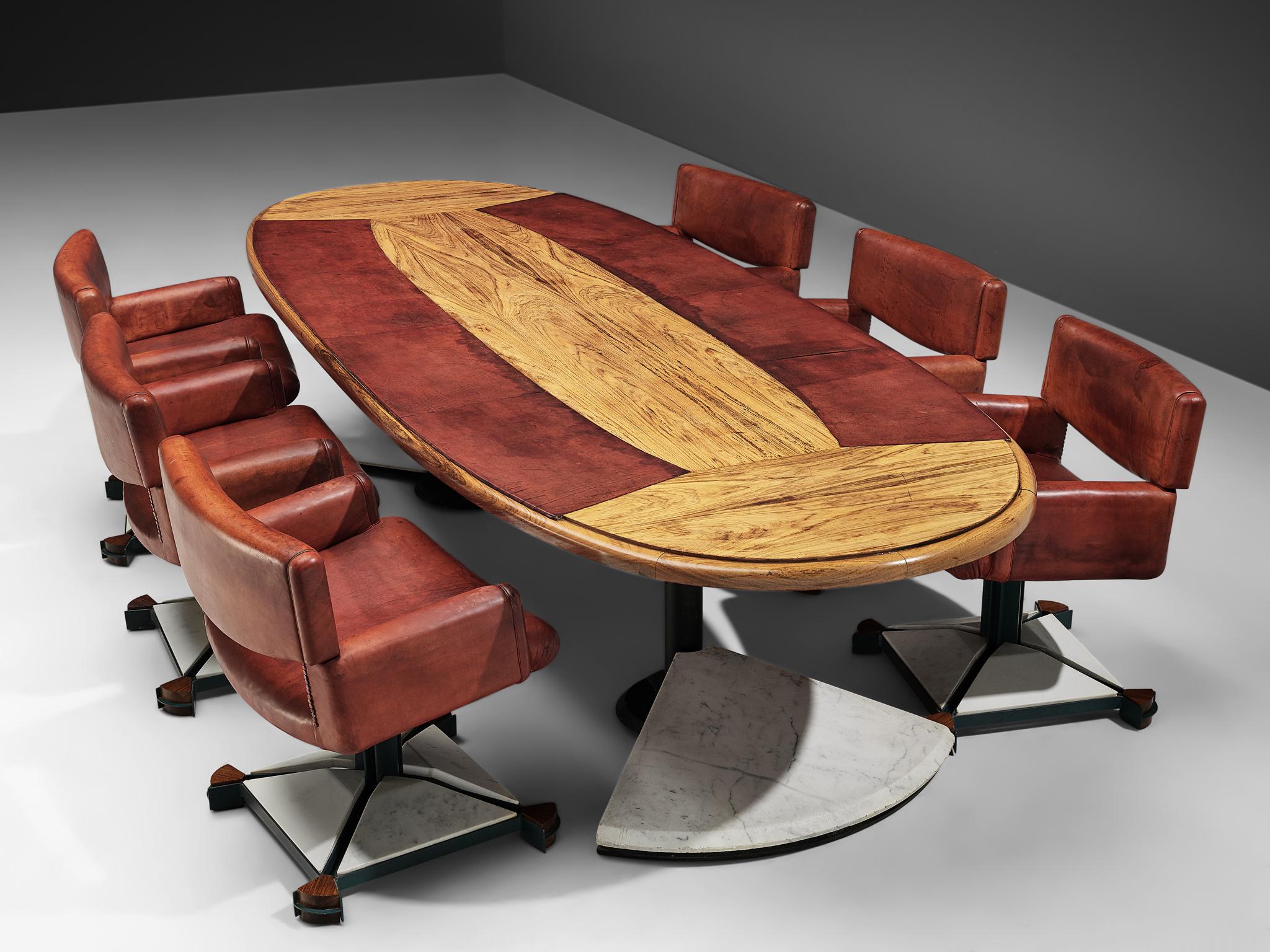 Post-Modern Set of Conference Table and Chairs in Walnut and Red Leather