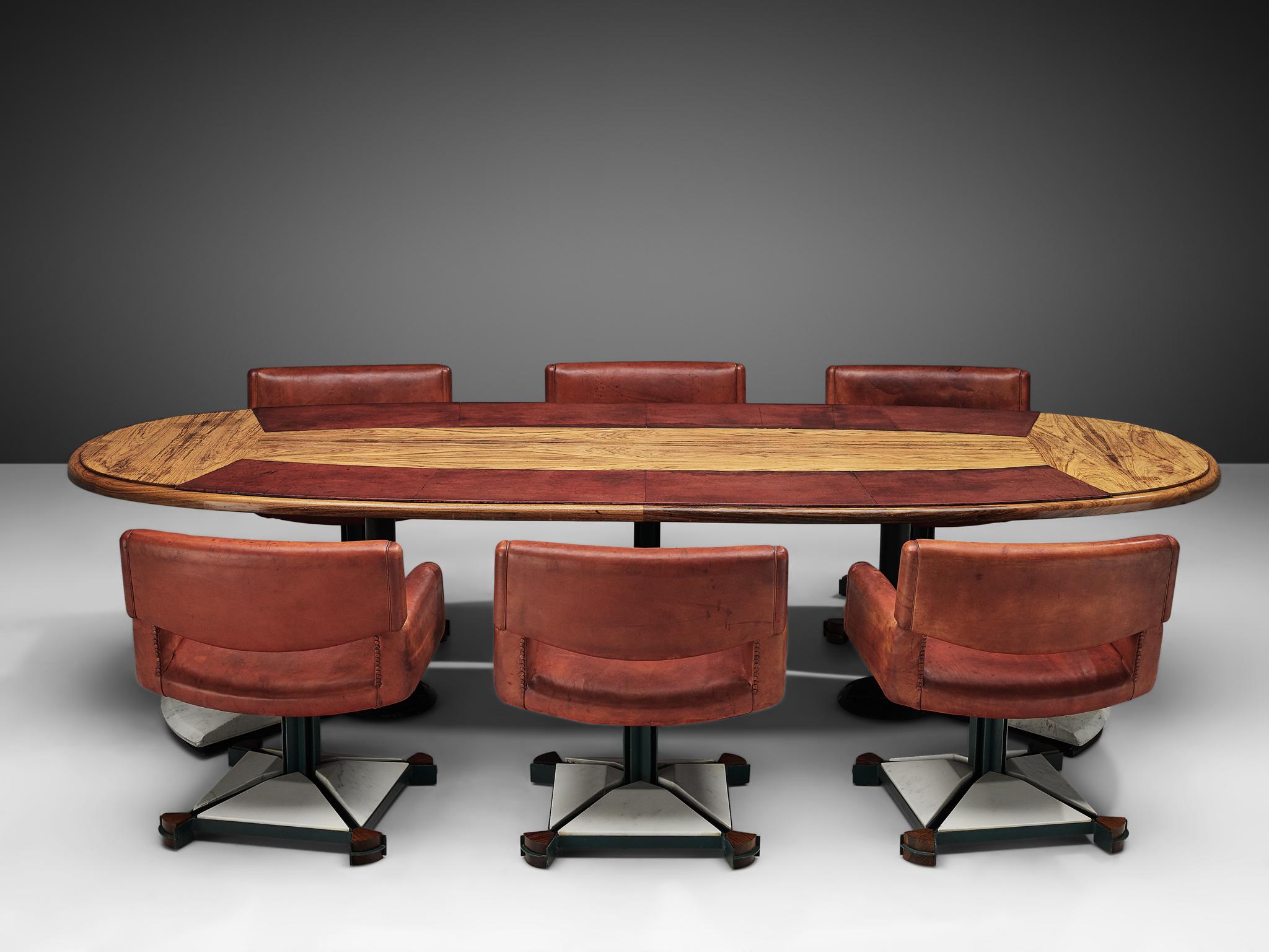 Italian Set of Conference Table and Chairs in Walnut and Red Leather
