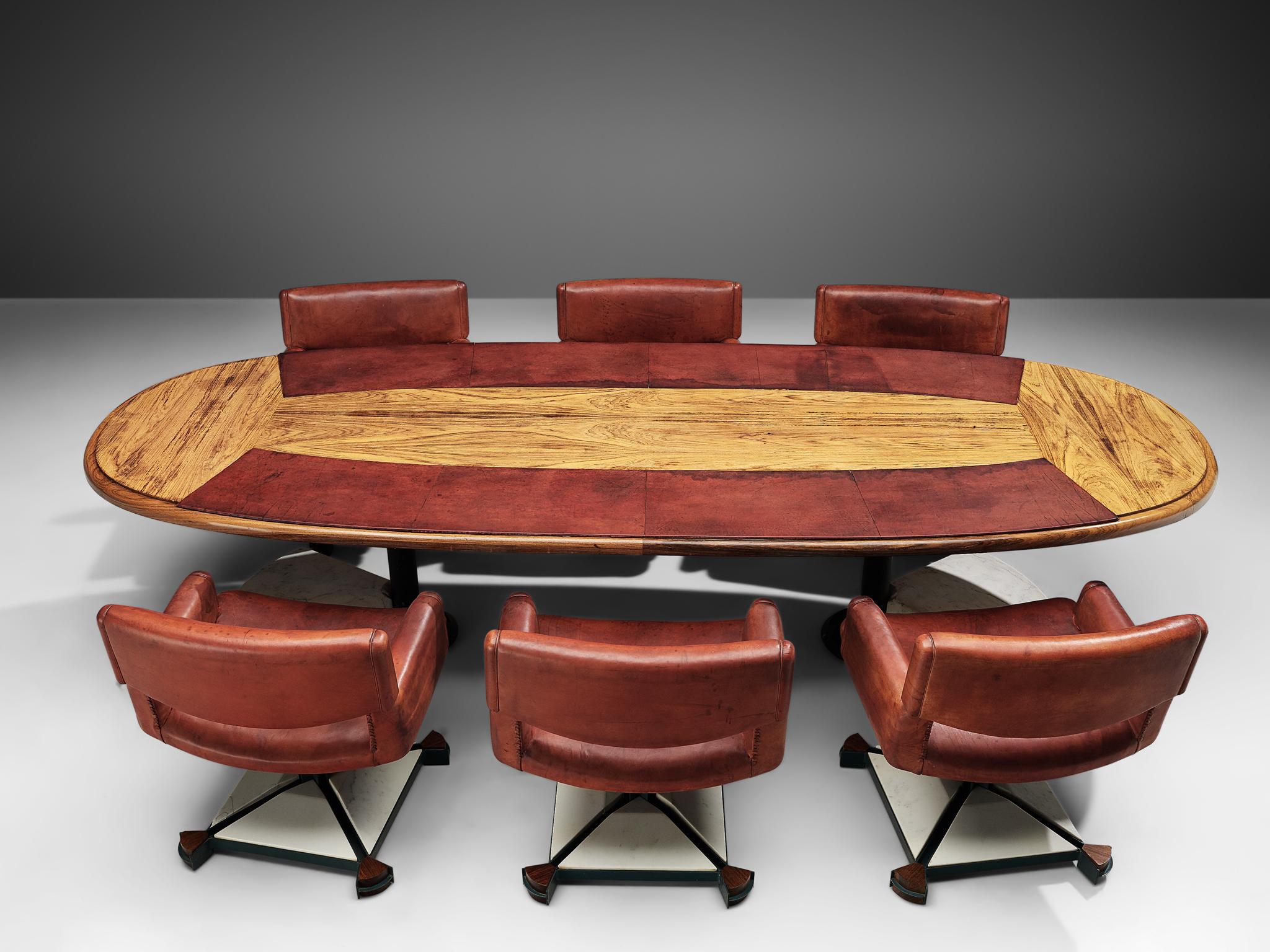 Late 20th Century Set of Conference Table and Chairs in Walnut and Red Leather