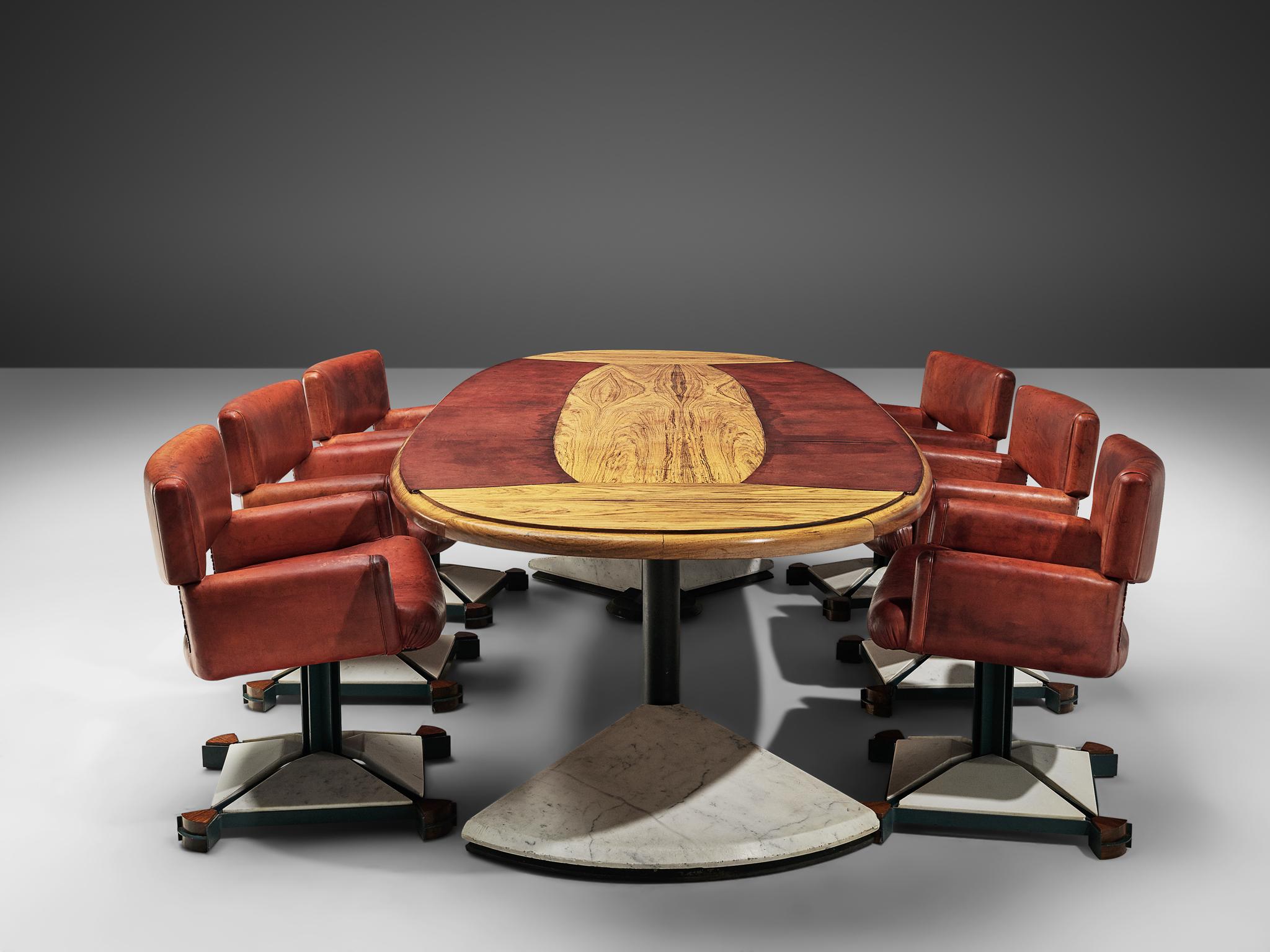 Steel Set of Conference Table and Chairs in Walnut and Red Leather