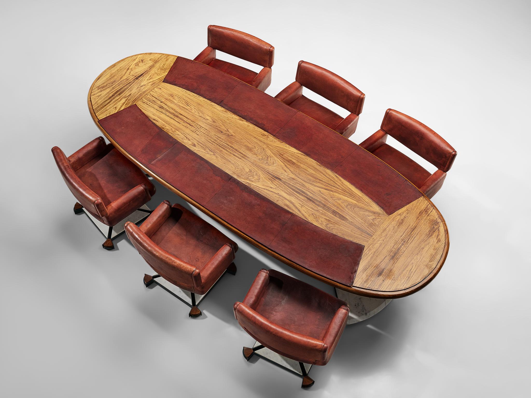 Set of Conference Table and Chairs in Walnut and Red Leather 1
