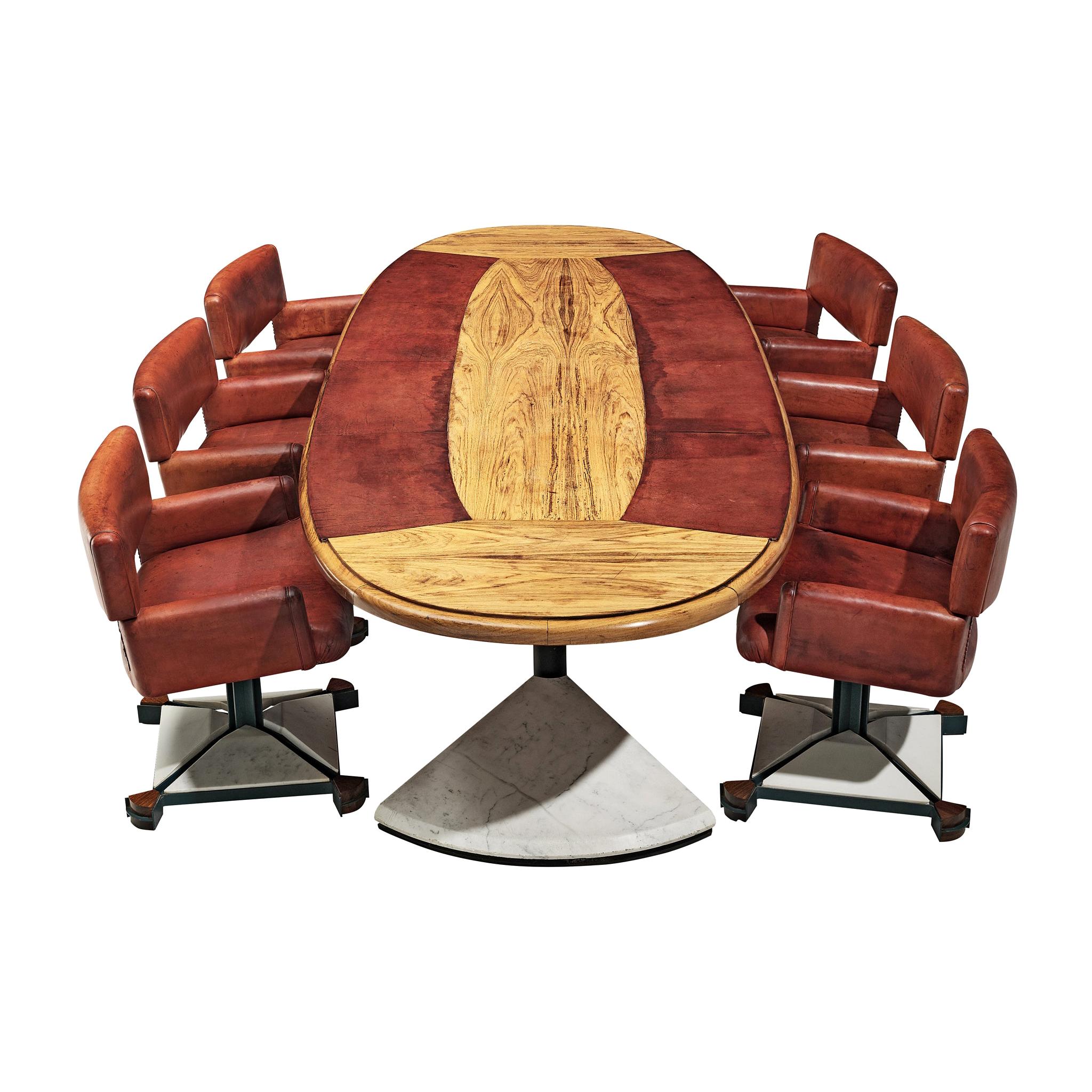 Set of Conference Table and Chairs in Walnut and Red Leather