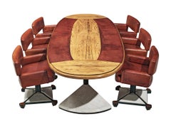 Set of Conference Table and Chairs in Walnut and Red Leather