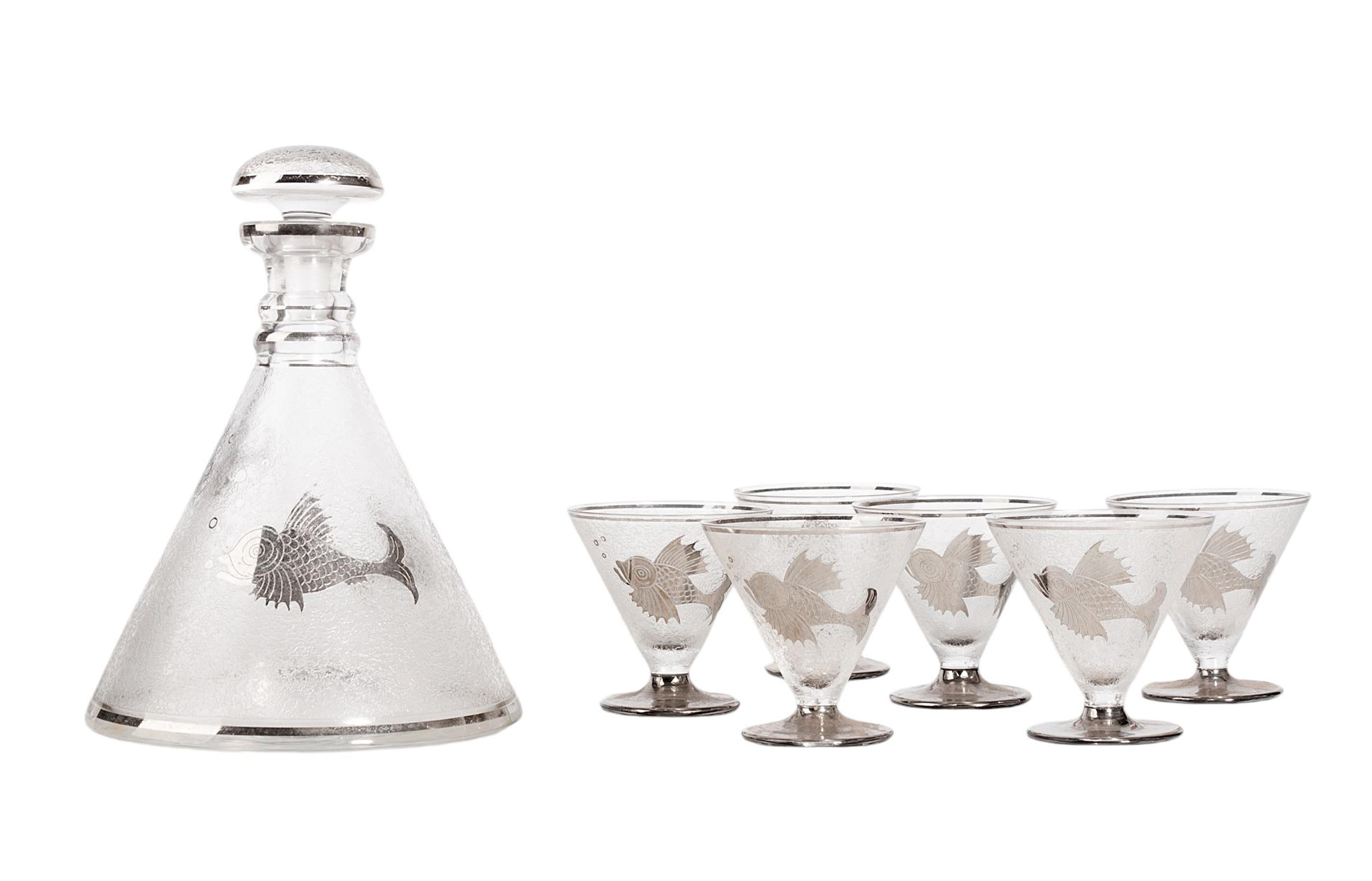 Set of Art Déco conical frosted crystal silver-trimmed liquor decanter and six glasses/cups with etched Koi fish decoration, France

By: unknown
Material: crystal, glass
Technique: cast, etched, frosted
Dimensions: 6 in x 8.5 in
Date: early 20th
