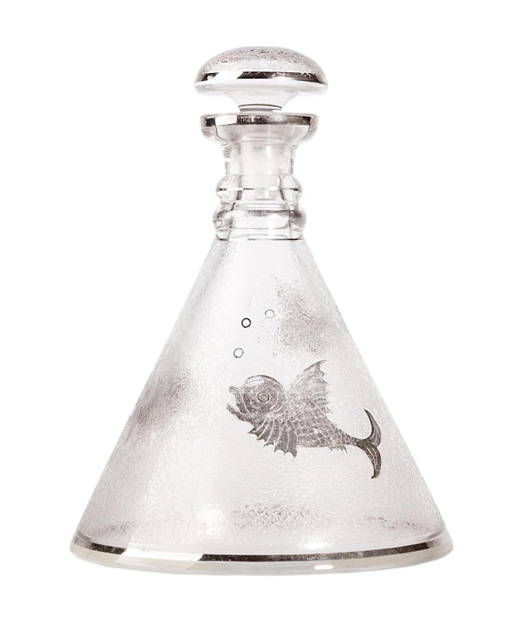 Art Deco Set of Conical Crystal Decanter and Glasses/Cups with Etched Koi Fish, France For Sale