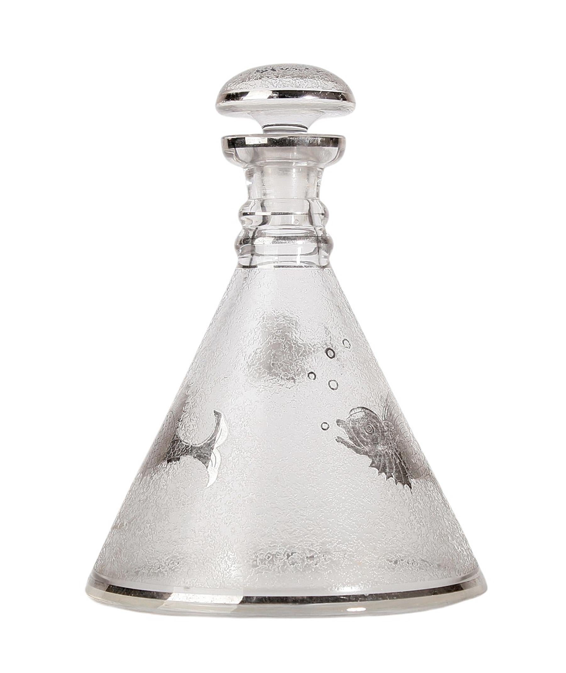 French Set of Conical Crystal Decanter and Glasses/Cups with Etched Koi Fish, France For Sale