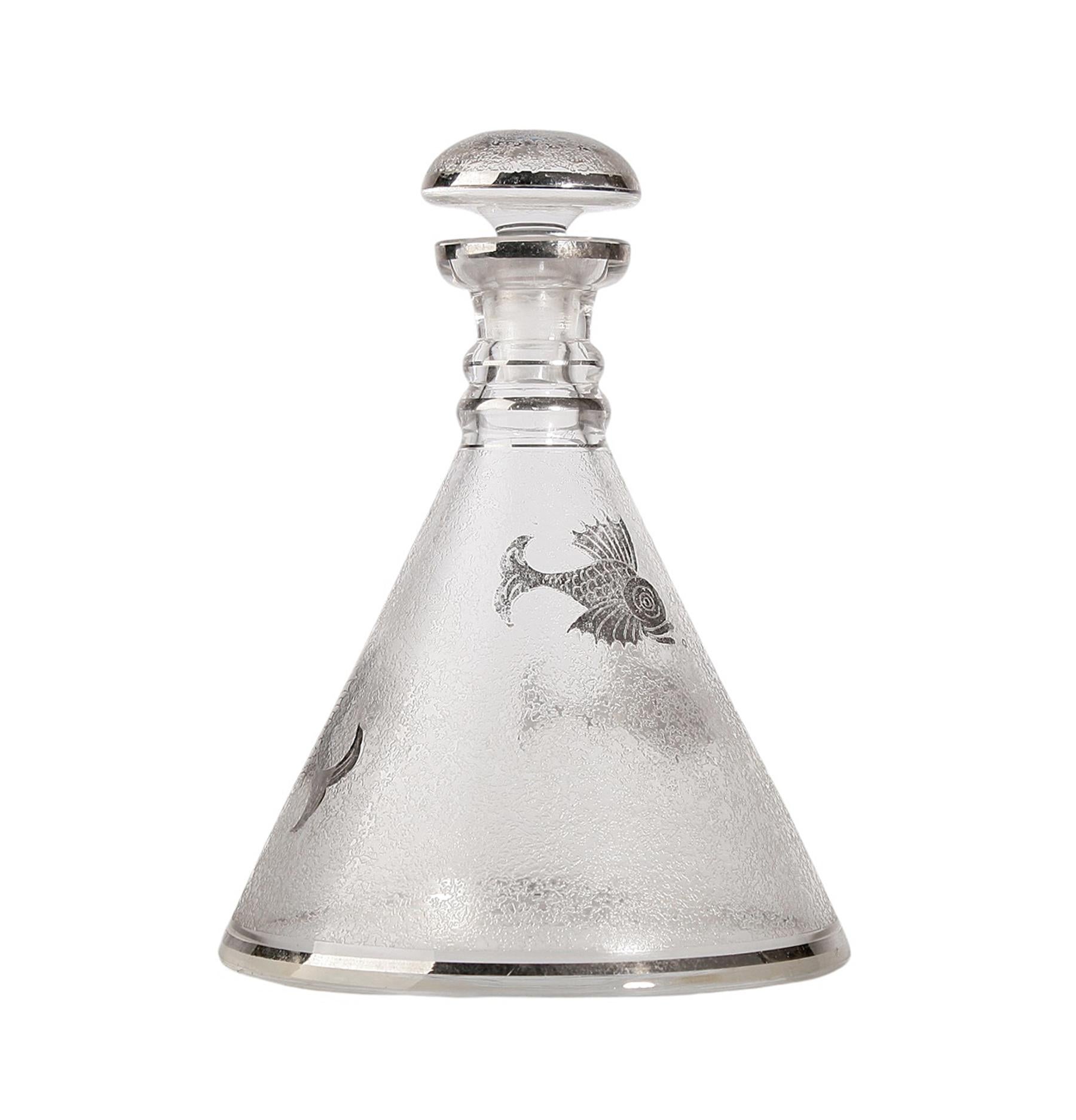Cast Set of Conical Crystal Decanter and Glasses/Cups with Etched Koi Fish, France For Sale