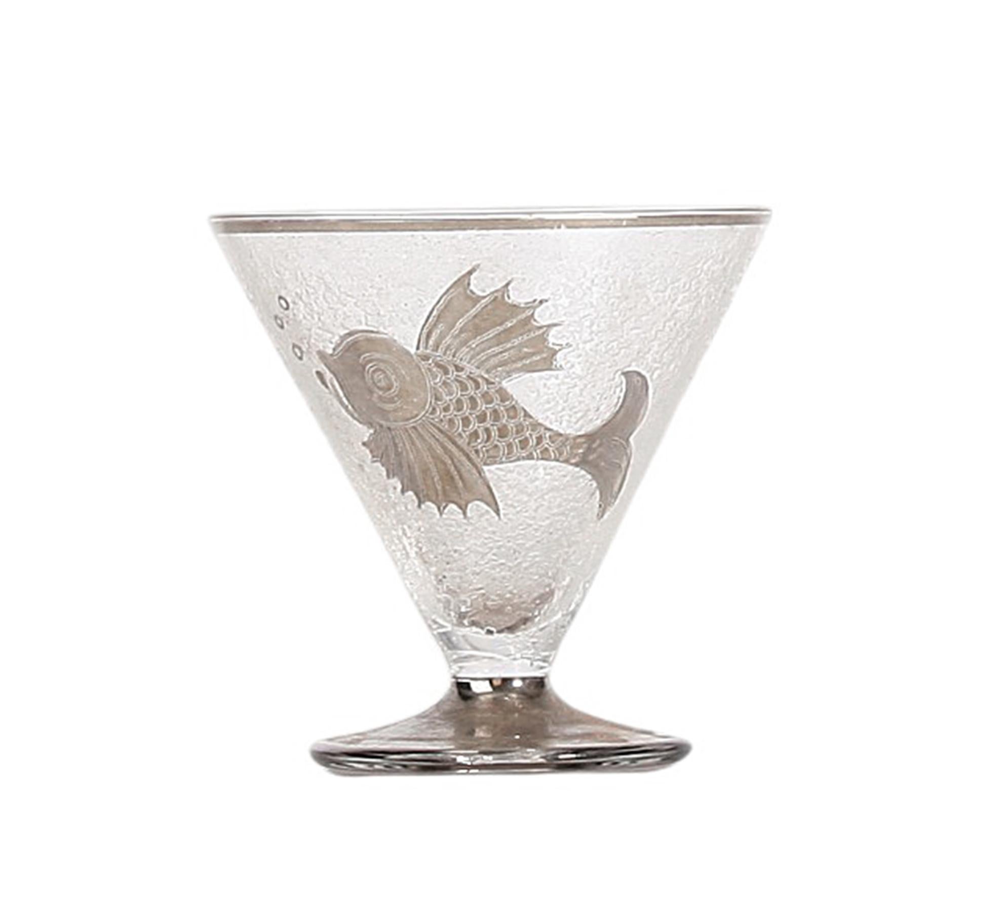 Set of Conical Crystal Decanter and Glasses/Cups with Etched Koi Fish, France In Good Condition For Sale In North Miami, FL