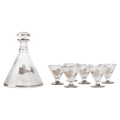 Juego de decantador y vasos/copas cónicos de cristal con pez koi grabado, Francia