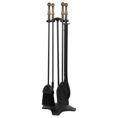 Set of Contemporary Black Iron Fire Tools with Brass Handles on Stand