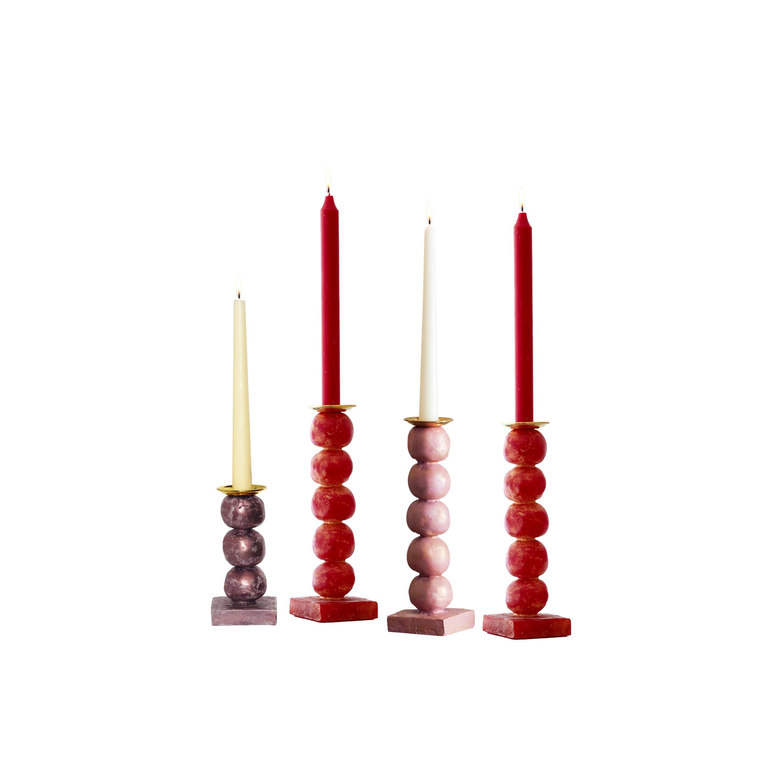 Brass Set of Contemporary Dark Berry European Sculptural Candlesticks by Margit Wittig For Sale