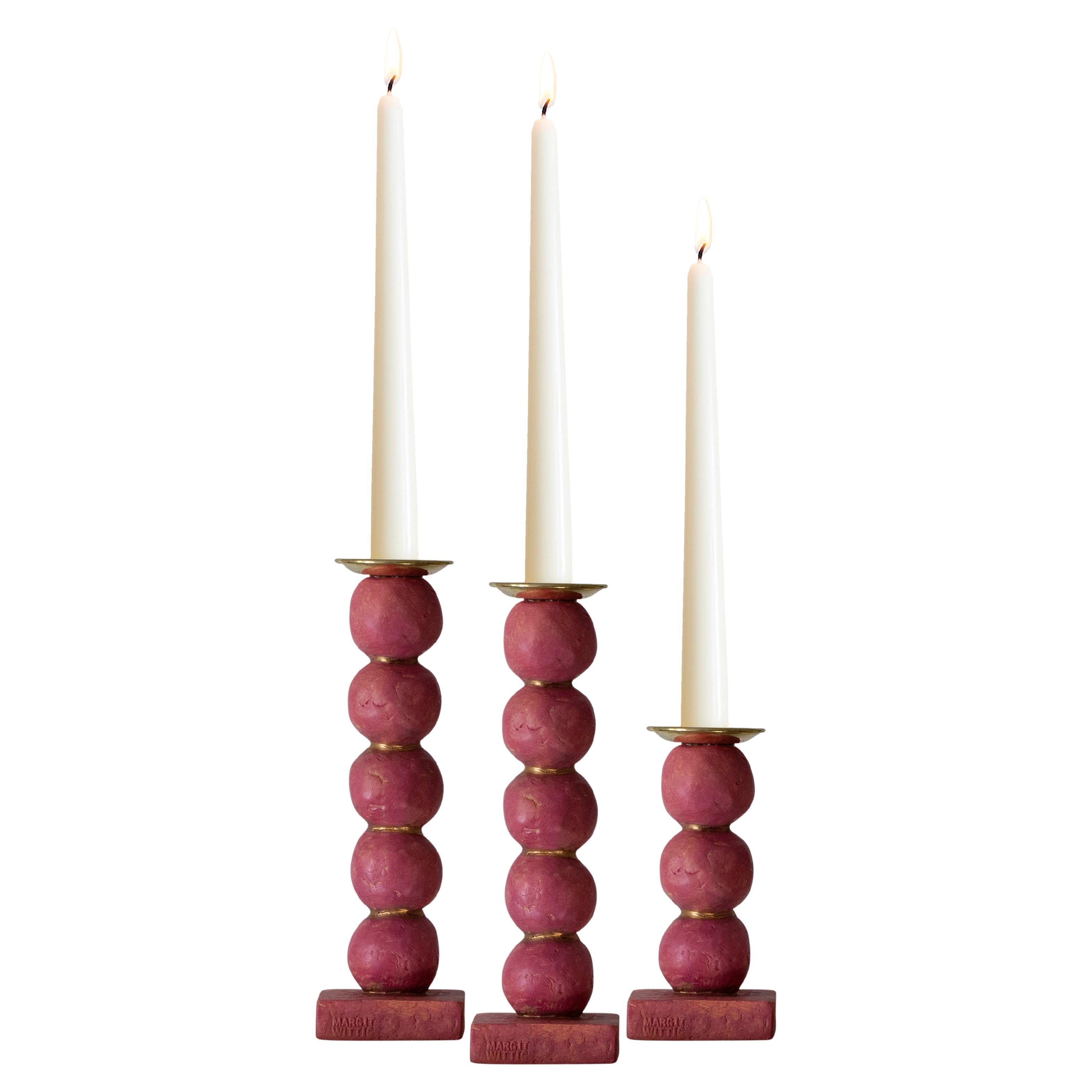 Set of Contemporary Dark Berry European Sculptural Candlesticks by Margit Wittig For Sale