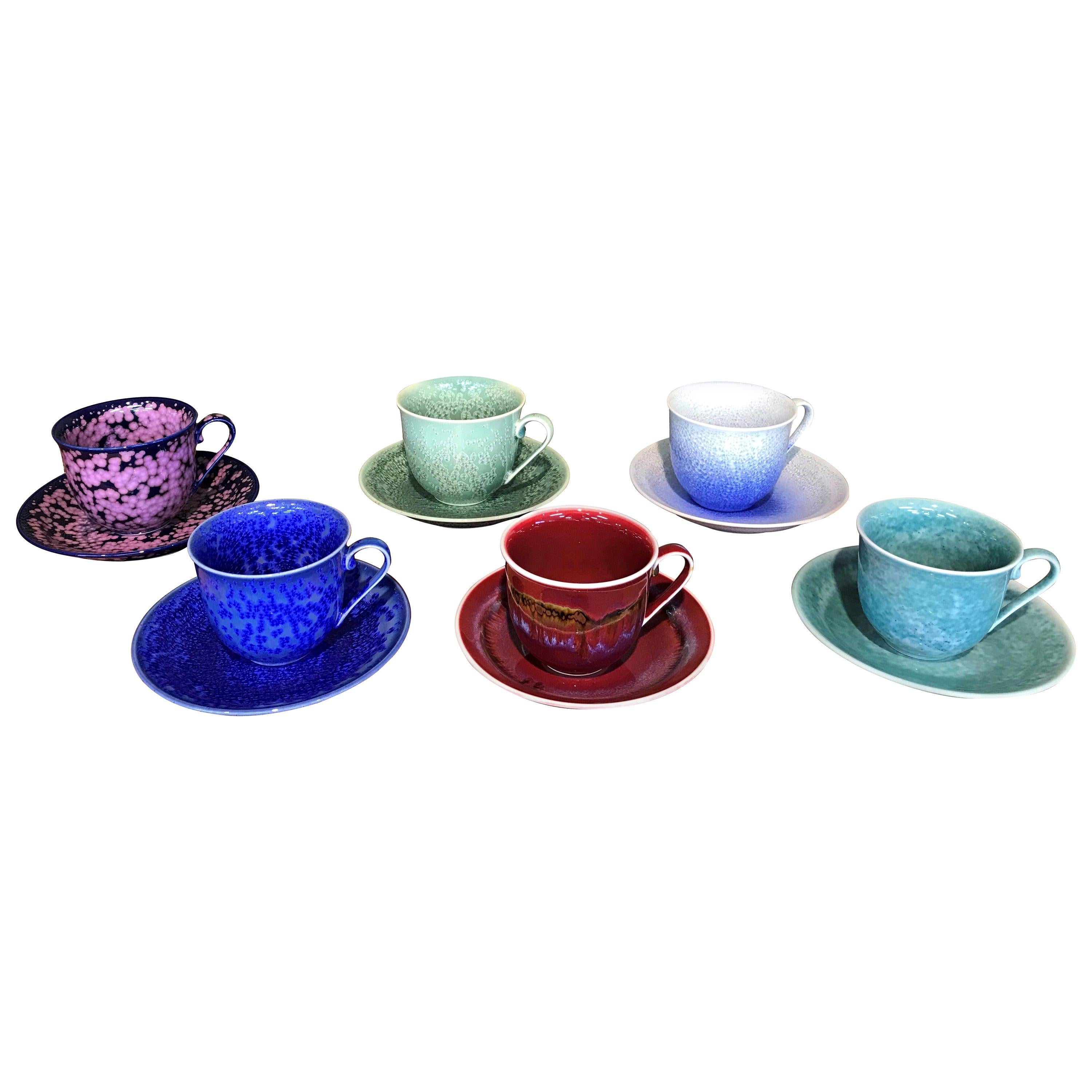 Set of Contemporary Japanese Glazed Porcelain Cups and Saucers by Master Artist
