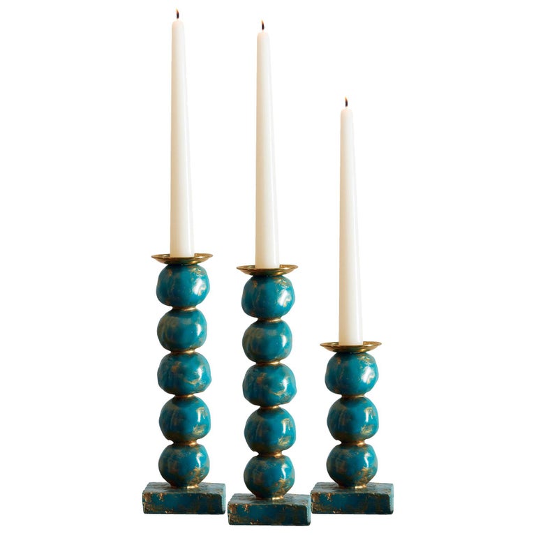 Set of Contemporary Turquoise European Sculptural Candlesticks by Margit Wittig For Sale