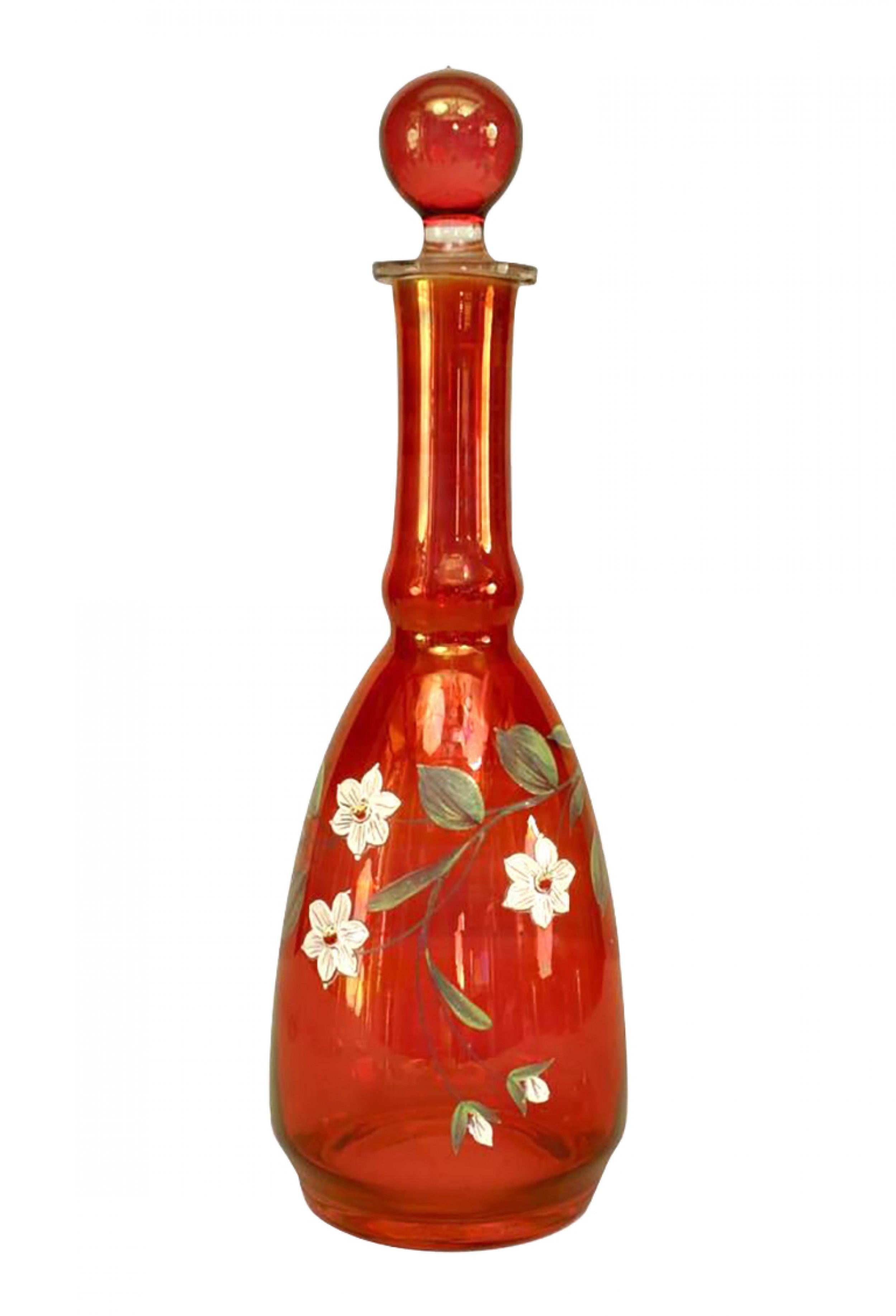 Set of Continental German (1900) cranberry colored glass decanter with painted and enamel floral trim with a set of 6 glasses with clear swirl (Stem-6