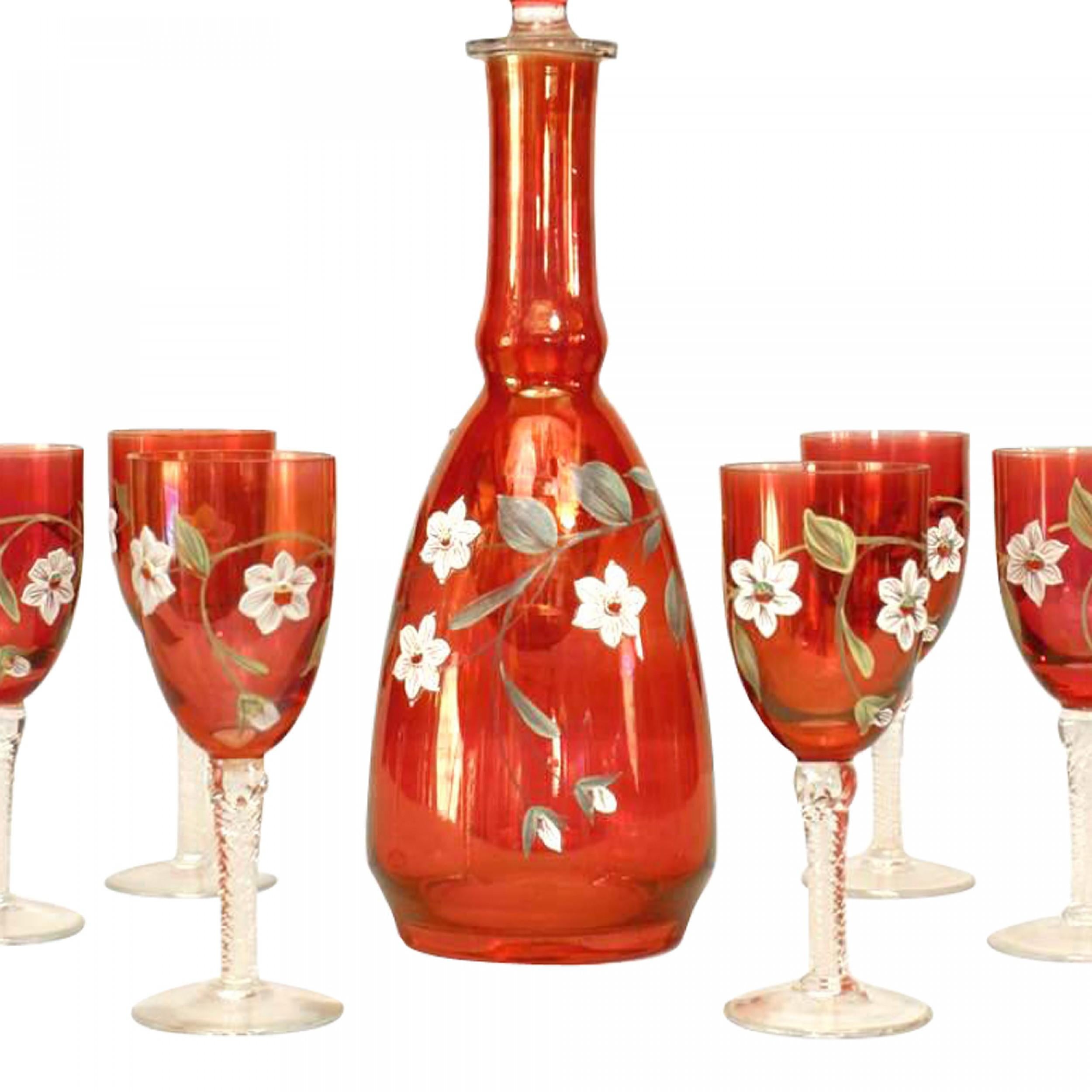 Hand-Crafted Set of Continental German Decanter and 6 Glass For Sale