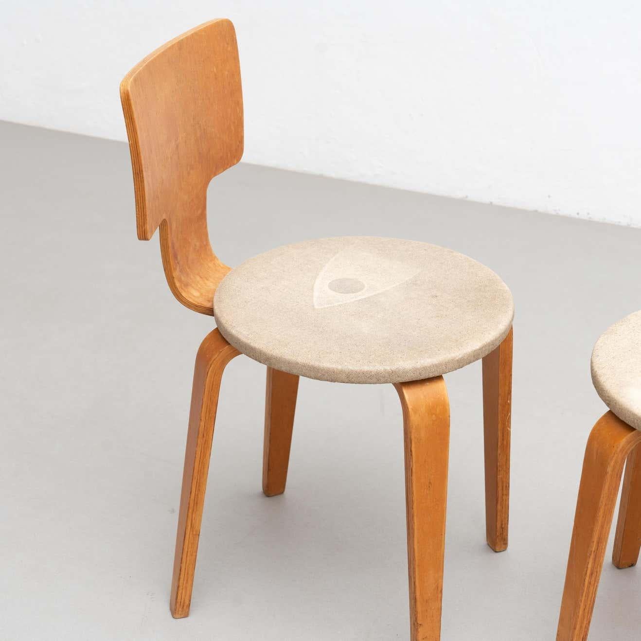 Set of Cor Alons Plywood and Upholstery Chair and Stool, circa 1950 For Sale 9