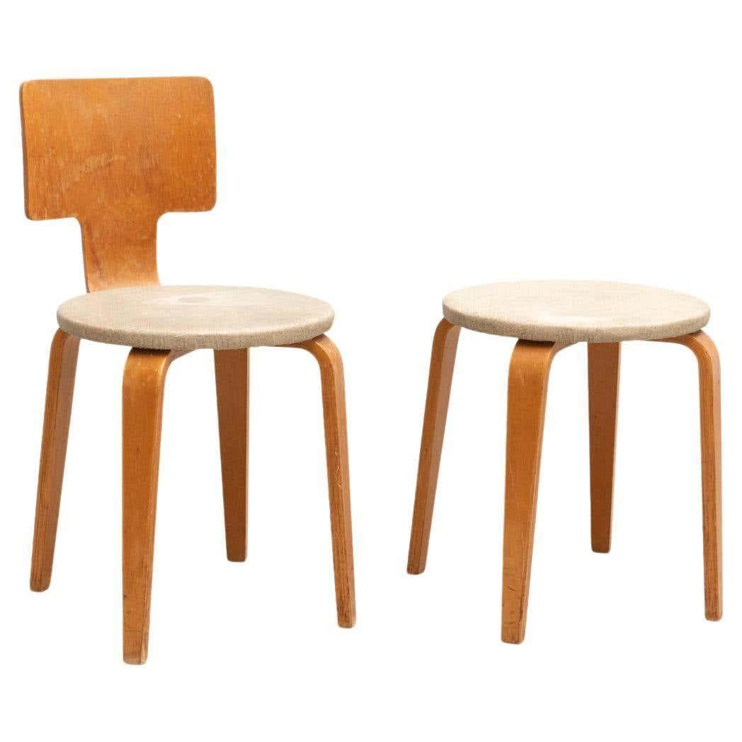 Set of Cor Alons Plywood and Upholstery Chair and Stool, circa 1950 For Sale 14