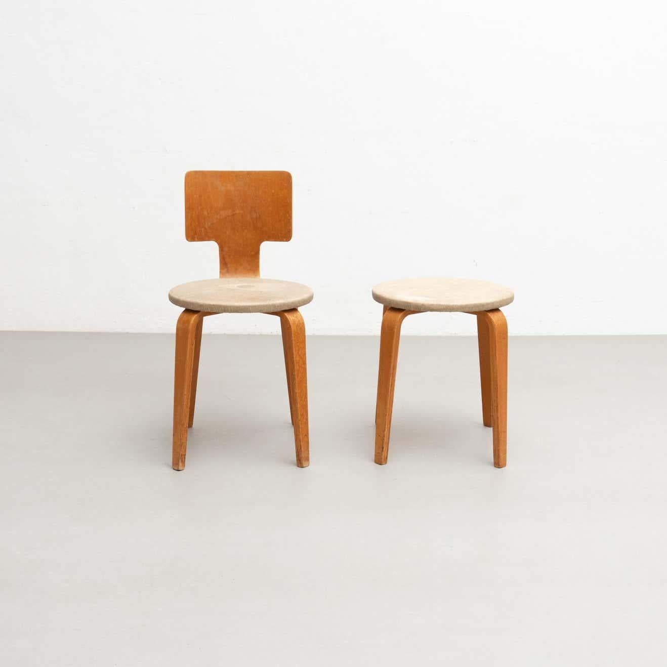 Mid-Century Modern Set of Cor Alons Plywood and Upholstery Chair and Stool, circa 1950 For Sale