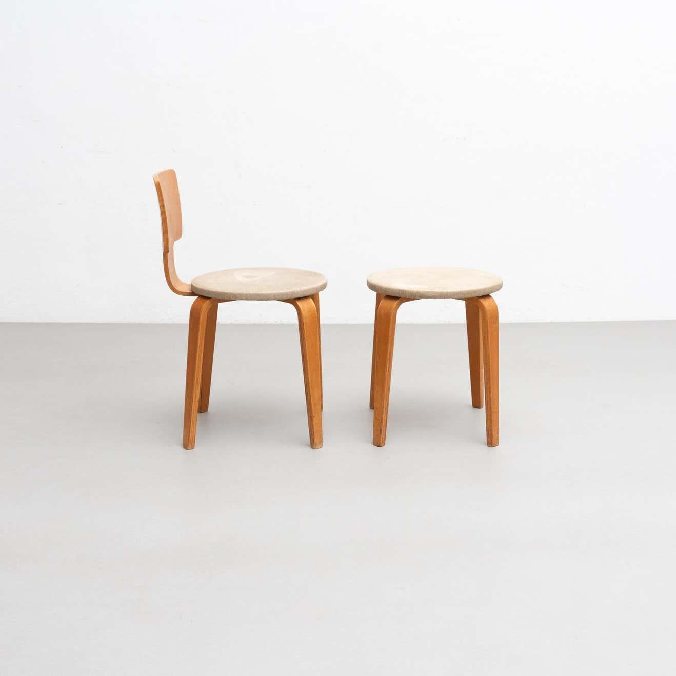 Mid-20th Century Set of Cor Alons Plywood and Upholstery Chair and Stool, circa 1950 For Sale