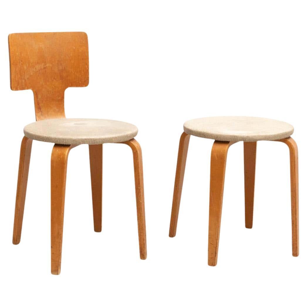 Set of Cor Alons Plywood and Upholstery Chair and Stool, circa 1950 For Sale